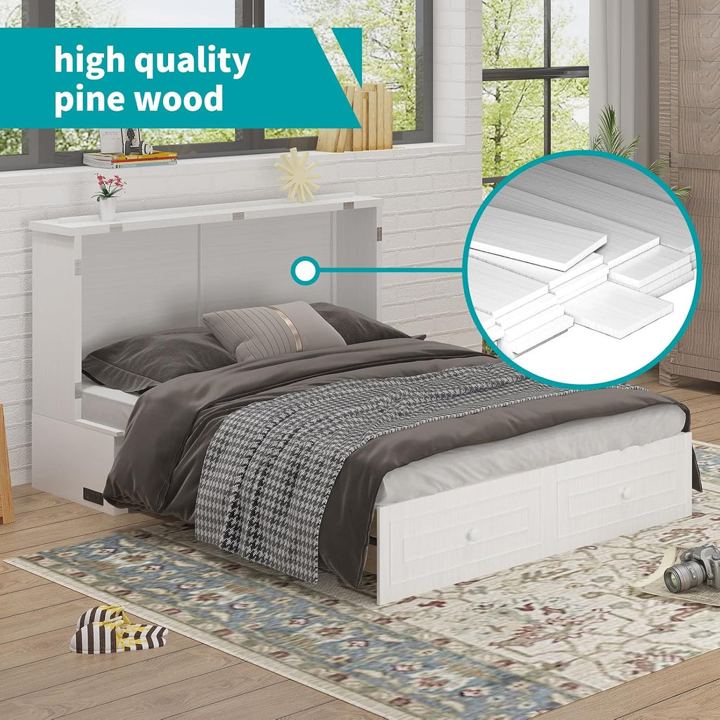 BALUS Queen Size Cabinet Murphy Bed, Modern Murphy Beds for Bedroom, Adults Chest Cabinet Wall Bed with Built-in USB Charging Station, Storage Drawer for Living Room, No Mattress(White)