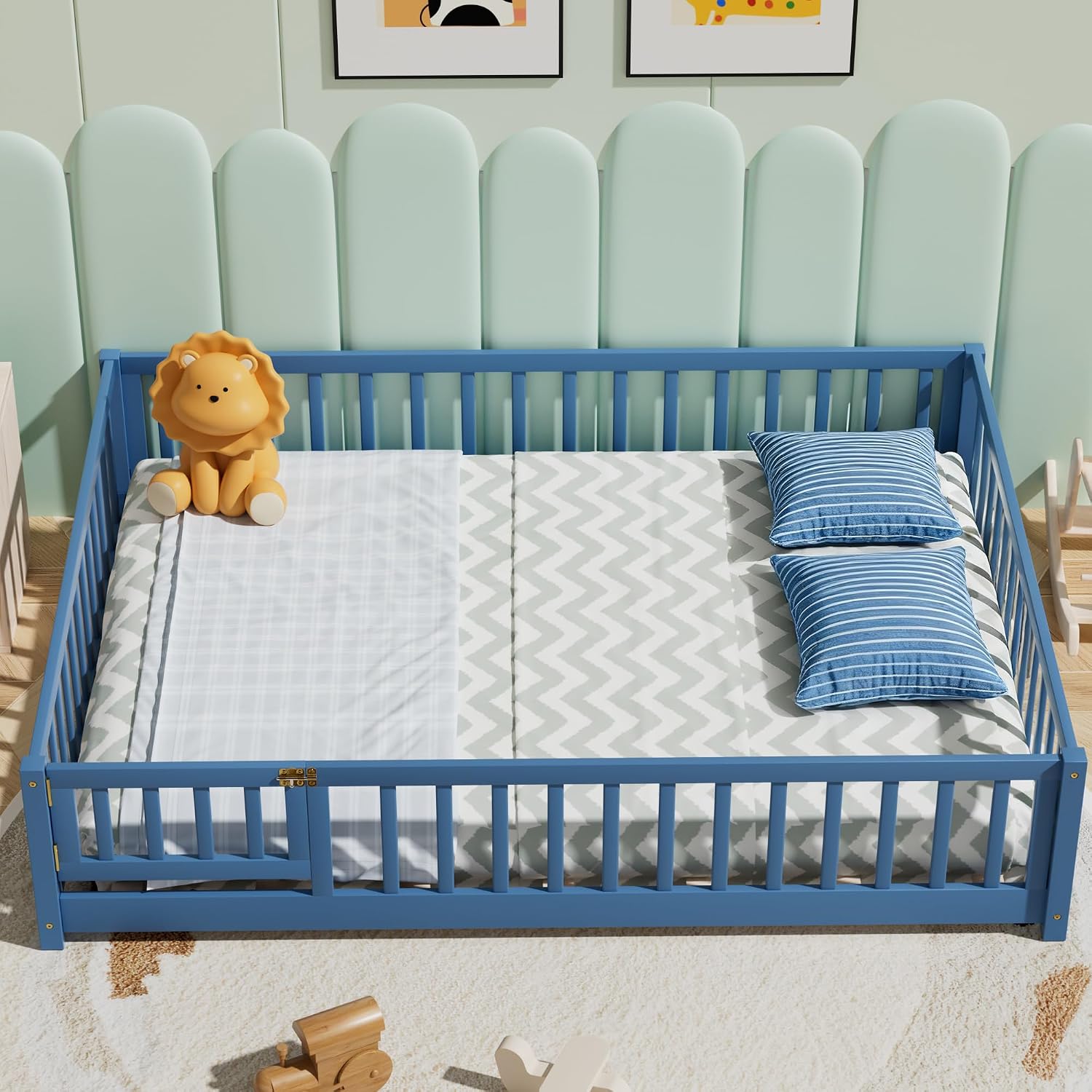 i-POOK Full Floor Bed Frame with Wood Slats, High Fence & Small Door, Pinewood Montessori Floor Bed for Girls and Boys, Mist Blue