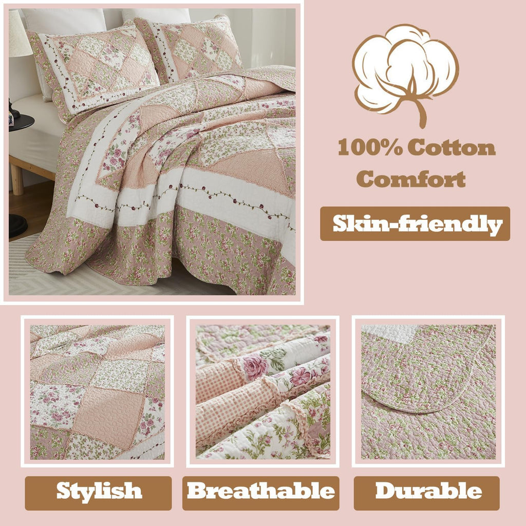 Brandream Queen Size Quilt Set Cotton Patchwork Quilts Blush Pink Cottage Floral Quilted Comforter Set 3-Piece