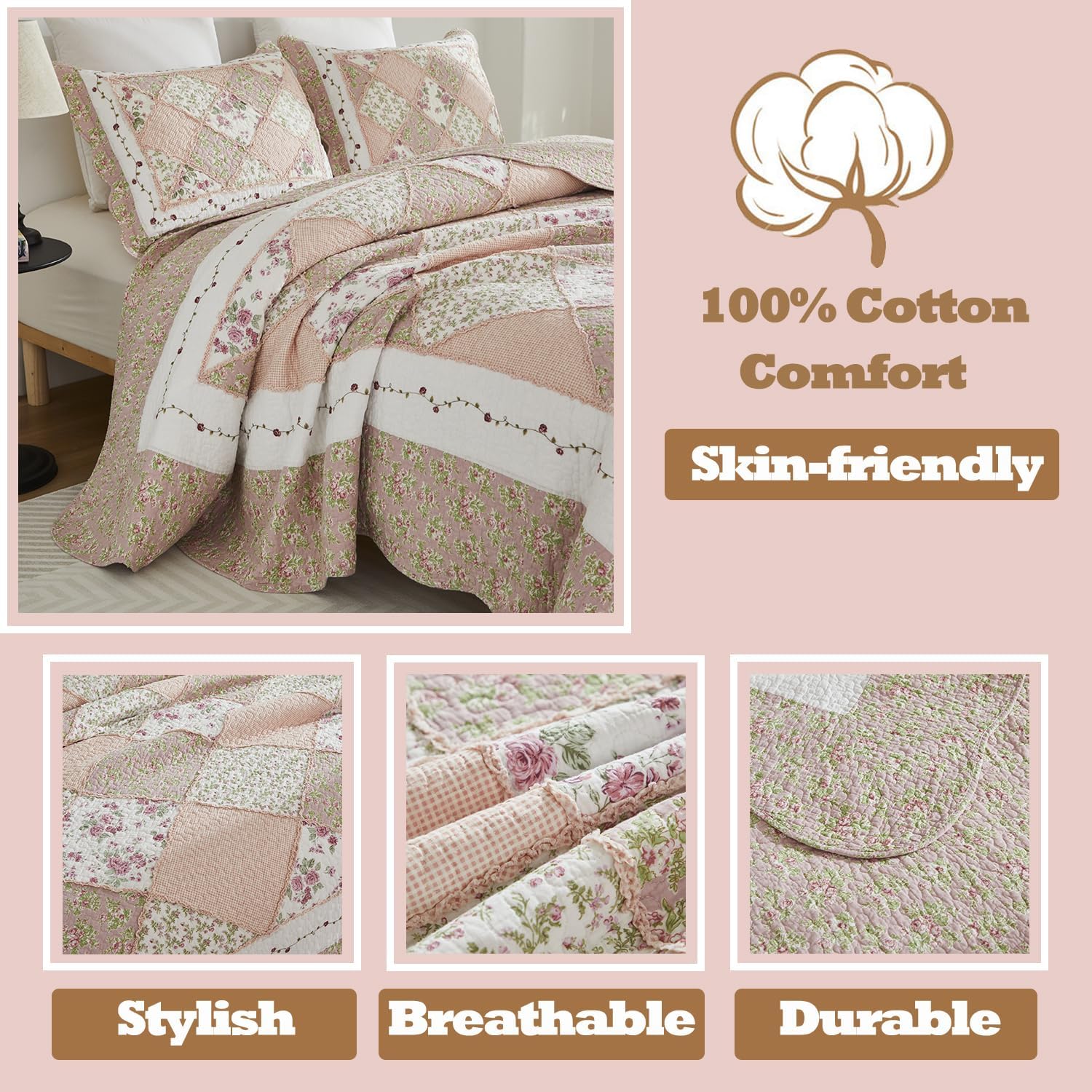 Brandream Queen Size Quilt Set Cotton Patchwork Quilts Blush Pink Cottage Floral Quilted Comforter Set 3-Piece