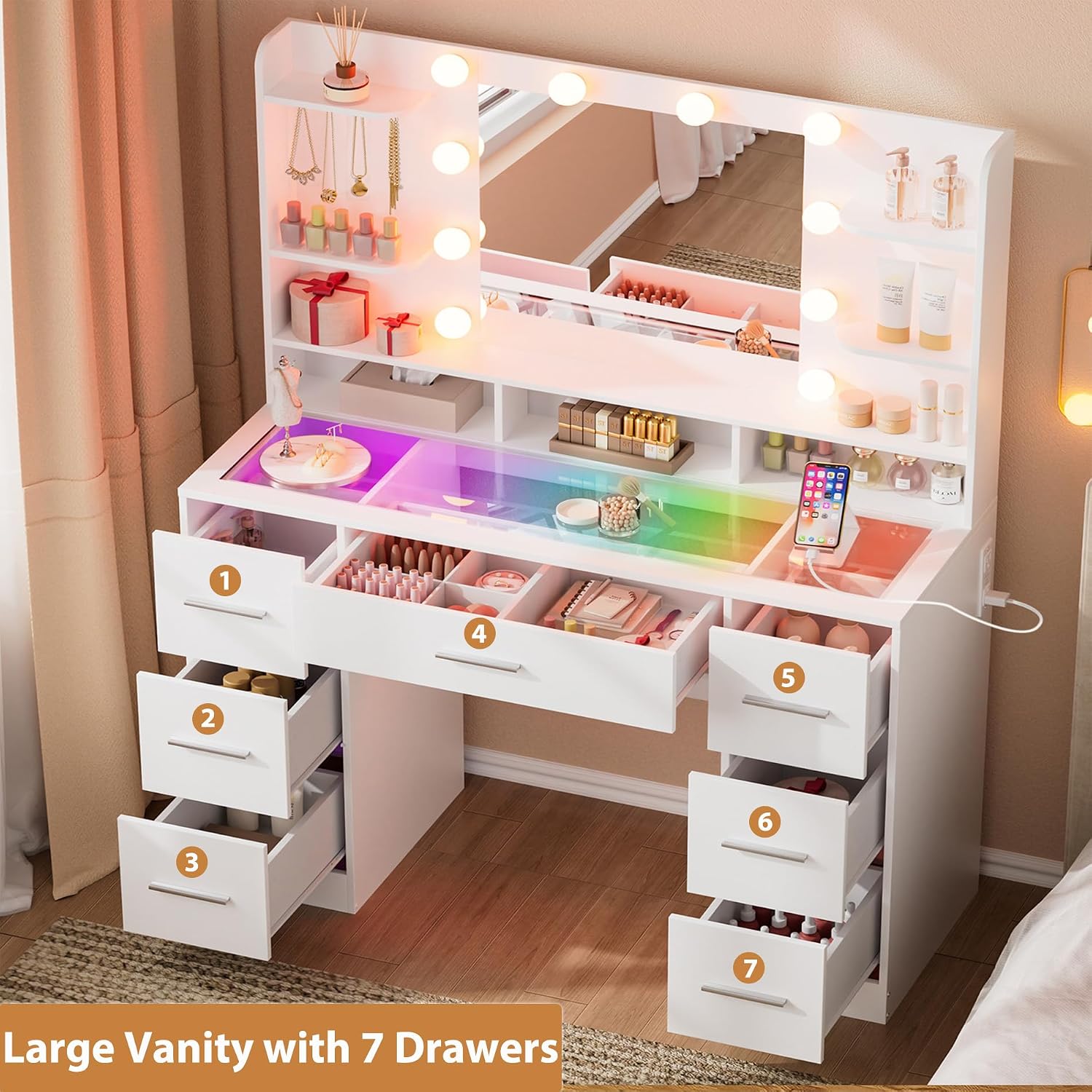 ERLEJIA Vanity Desk with Mirror and Lights, Large Glasstop Makeup Vanity Desk with 7 Drawers and Power Outlet, 6 Open Shelves, White