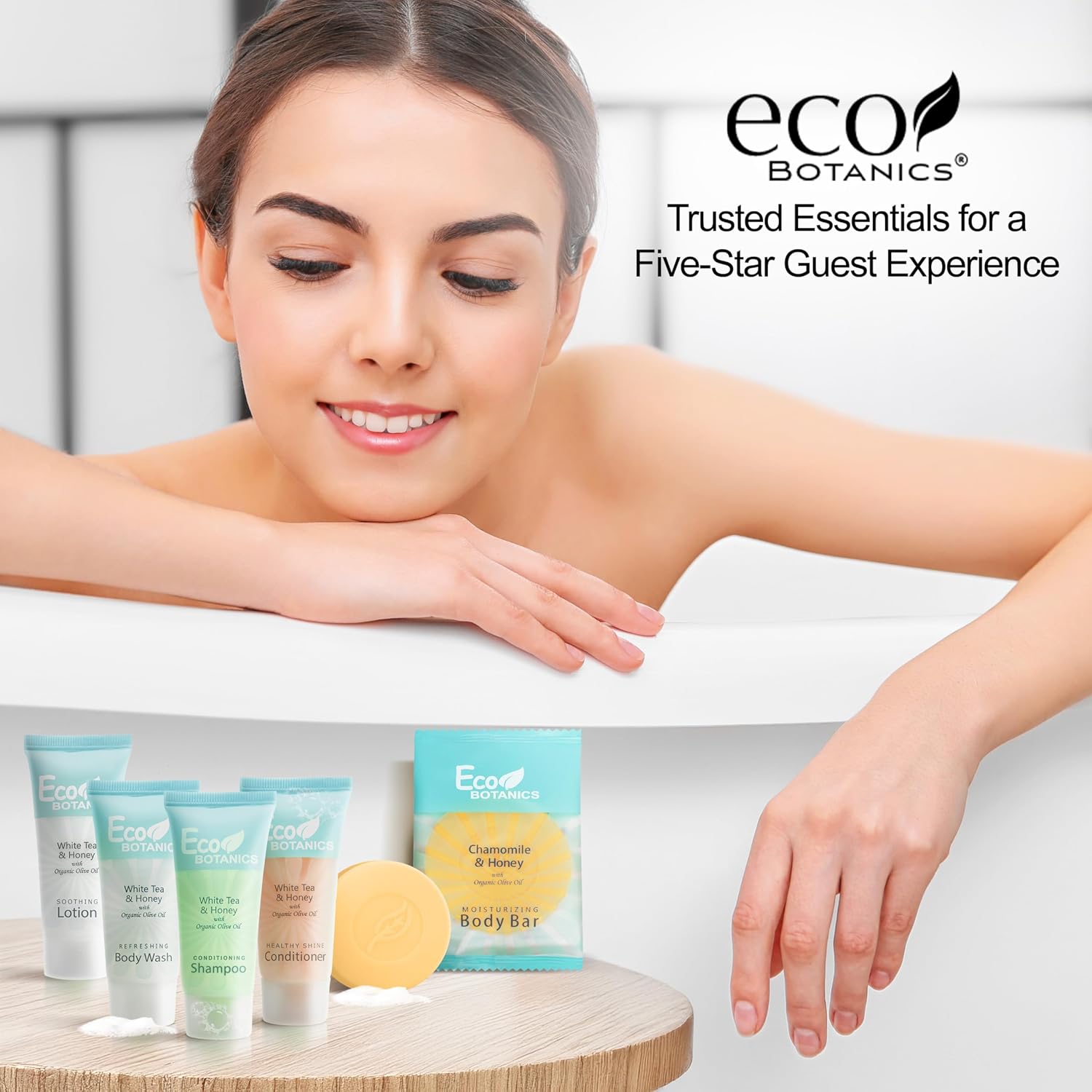 Travel Size Hotel Toiletry Set 300 Count 0.85 oz Bottles Guest Amenities for Vacation Rentals and Short Term Rentals Paraben Free White Tea Scent Infused with Aloe and Olive Oil by Eco Botanics