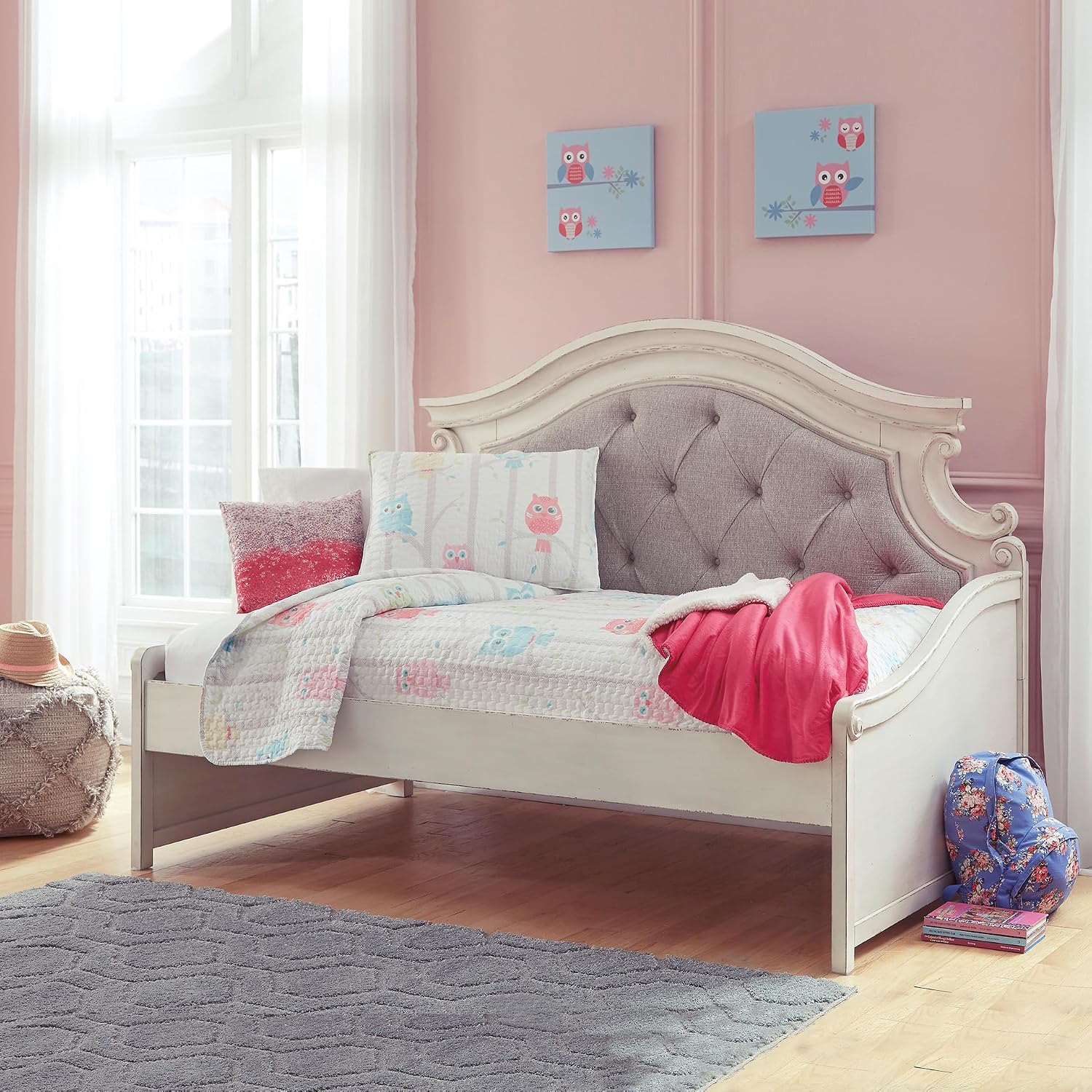 Signature Design by Ashley Realyn French Country Upholstered Tufted Day Bed, Twin, White & Beige