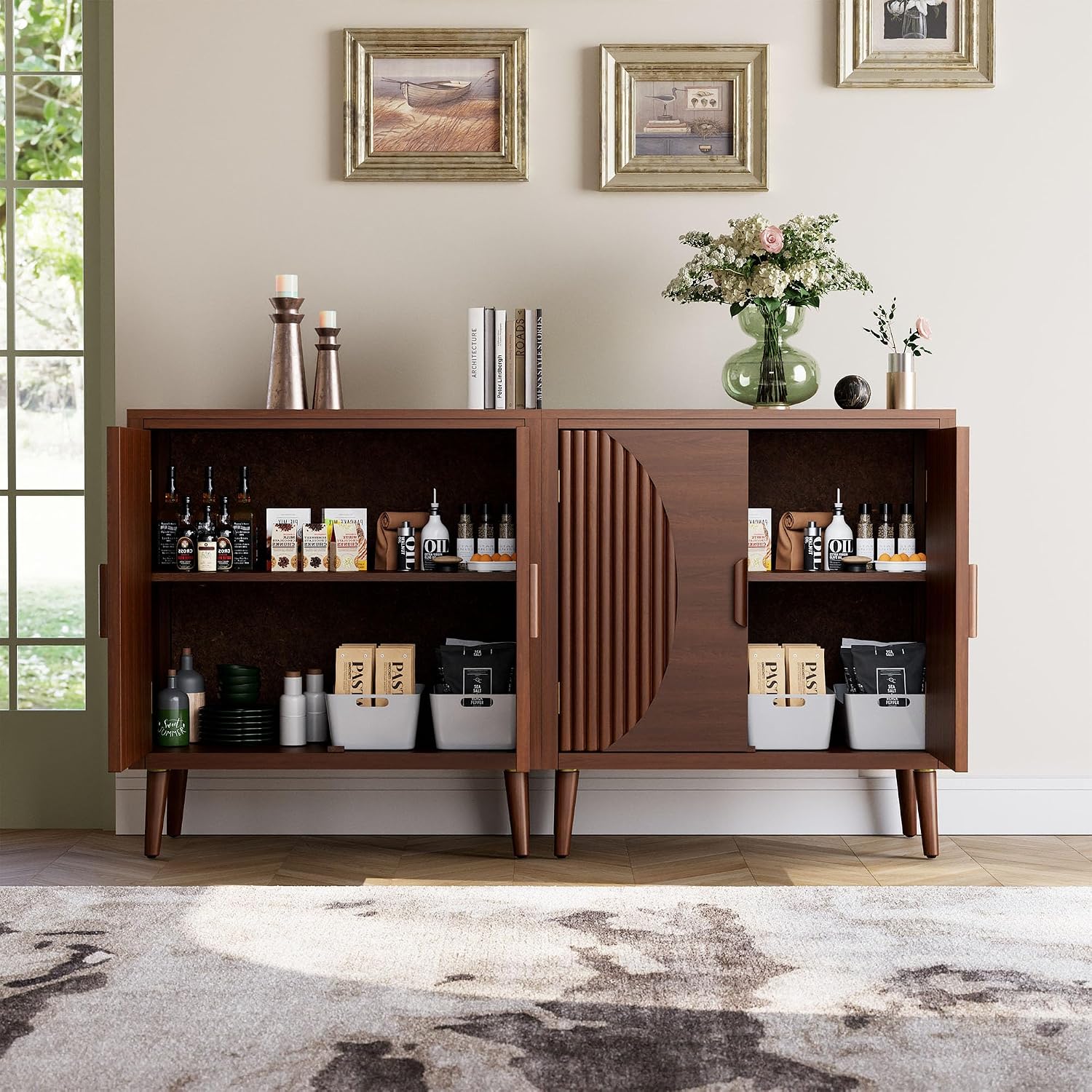COSIEST Set of 3 30' Storage Sideboards with Doors, Accent Cabinets with Magnetic Push-to-Open Doors, Brown Line Pattern, Entryway Console for Living Room, Kitchen, Hallway