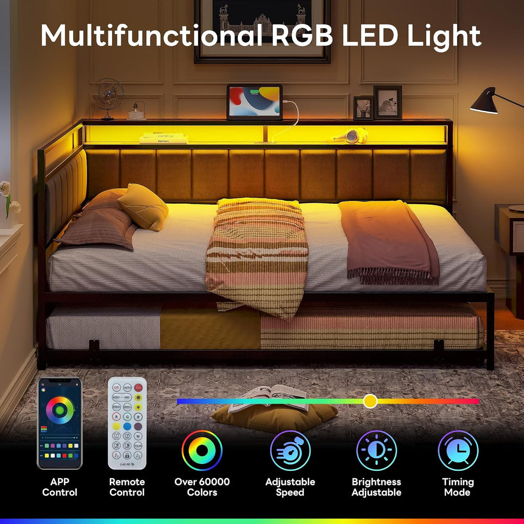 LIKIMIO Corner Full Bed Frame with Trundle, Upholstered Storage Headboard & LED Lights, Full Size Daybed with Charging Station, Sturdy Platform Metal Frame for Living Room, Bedroom, Guest Room, Gray