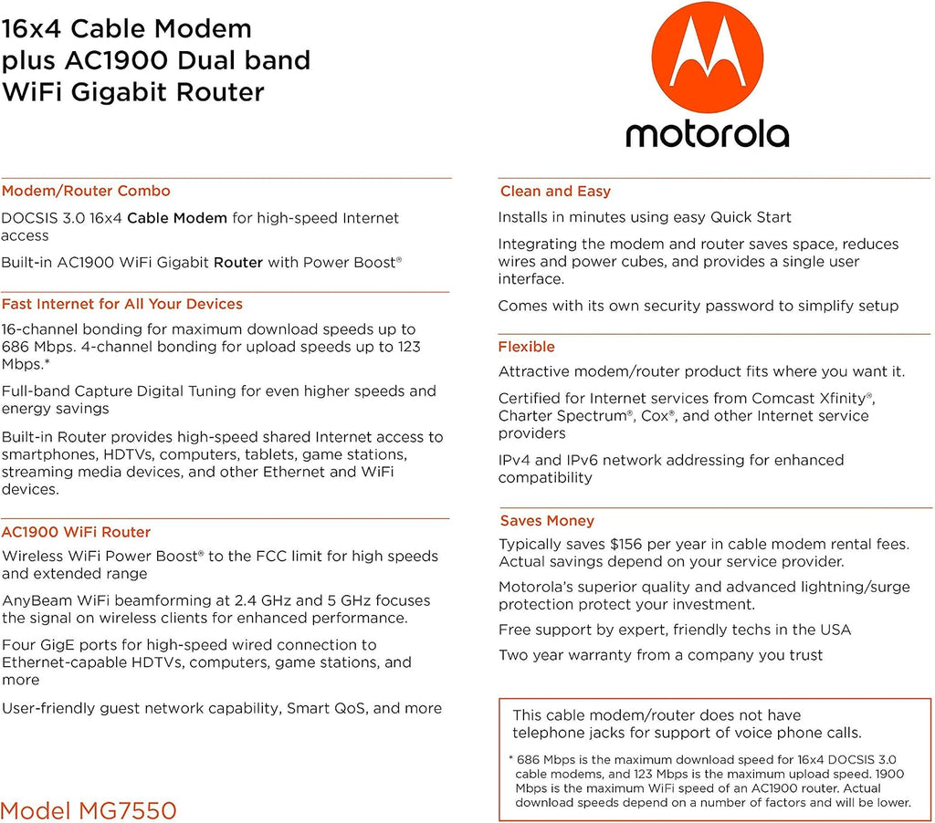 Motorola MG7550 16x4 Cable Modem Plus AC1900 Dual Band WiFi Gigabit Router with Power Boost and DFS, 686 Mbps Maximum DOCSIS 3.0 - Approved by Comcast Xfinity, Cox, Charter Spectrum, More (Black)