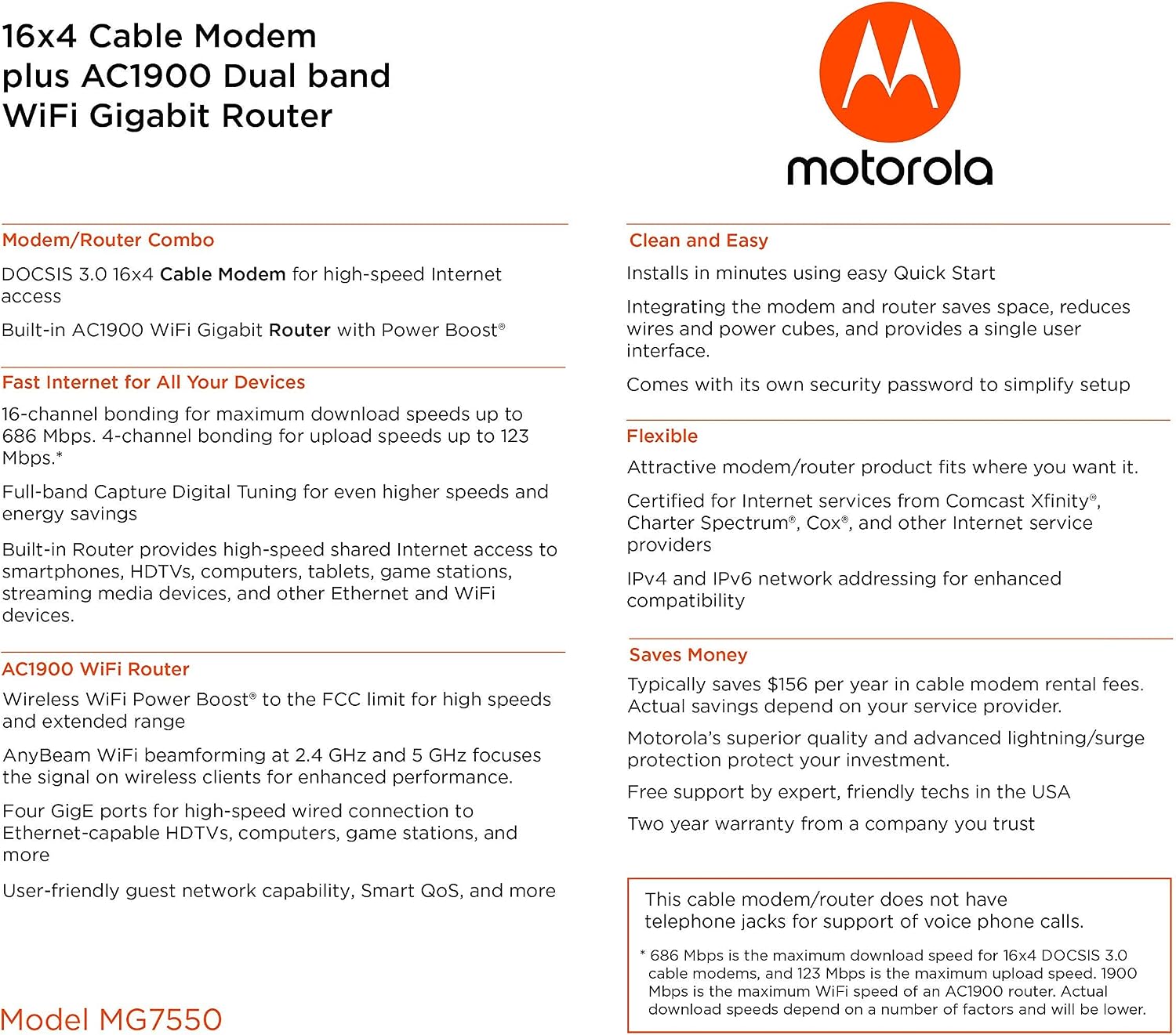 Motorola MG7550 16x4 Cable Modem Plus AC1900 Dual Band WiFi Gigabit Router with Power Boost and DFS, 686 Mbps Maximum DOCSIS 3.0 - Approved by Comcast Xfinity, Cox, Charter Spectrum, More (Black)