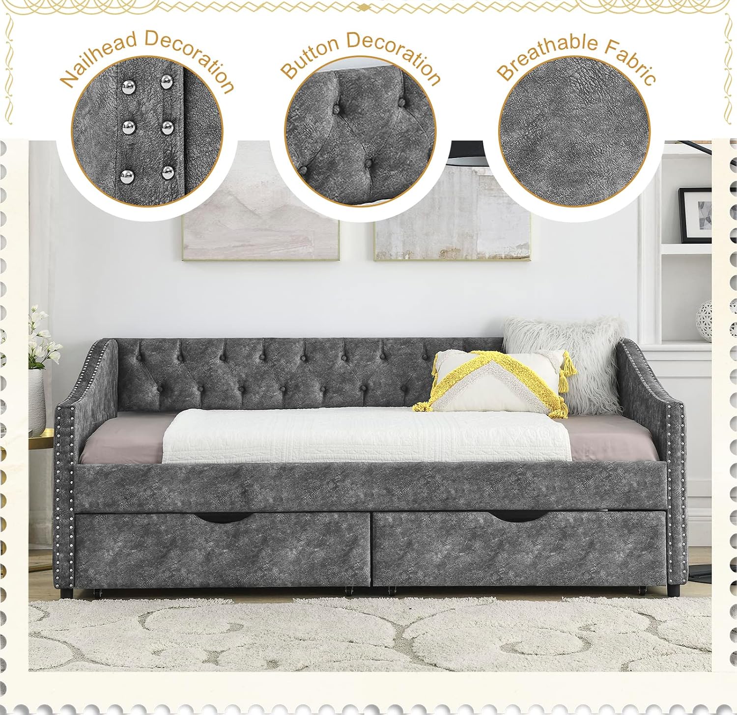 Wood Twin Daybed, Day Bed Frame with 2 Storage Drawers, Upholstered Twin Bed Frame Sofa Couch with Button and Nailhead Design for Bedroom Guest Room, No Box Spring Needed, Grey