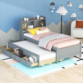 KEVINSPACE LED Bed Frame Twin Captains Bed Storage Daybed with Trundle Set, USB,Type-C Ports,LED Light Bed, Twin Size Beds Wooden Platform Bed with 3 Drawers and Bookcase Headboard Bedroom Grey