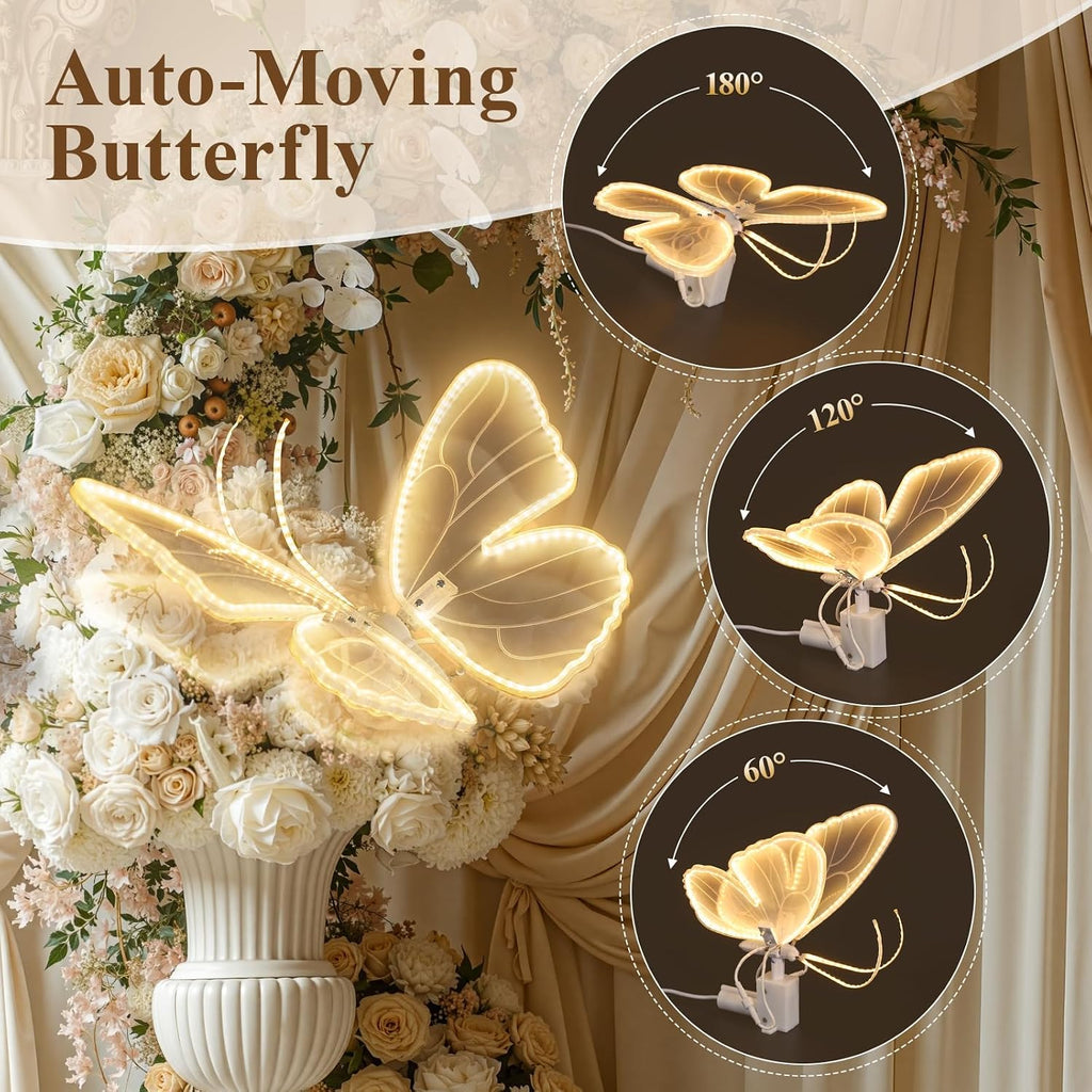 LED Moving Butterfly Light Decoration: Electric Wings Lamp for Wedding - Light Up Table Centerpiece & Wall Decor with Movement - Tying for Birthday Cake Party Baby Shower Christmas Tree (2, 9.8 inch)