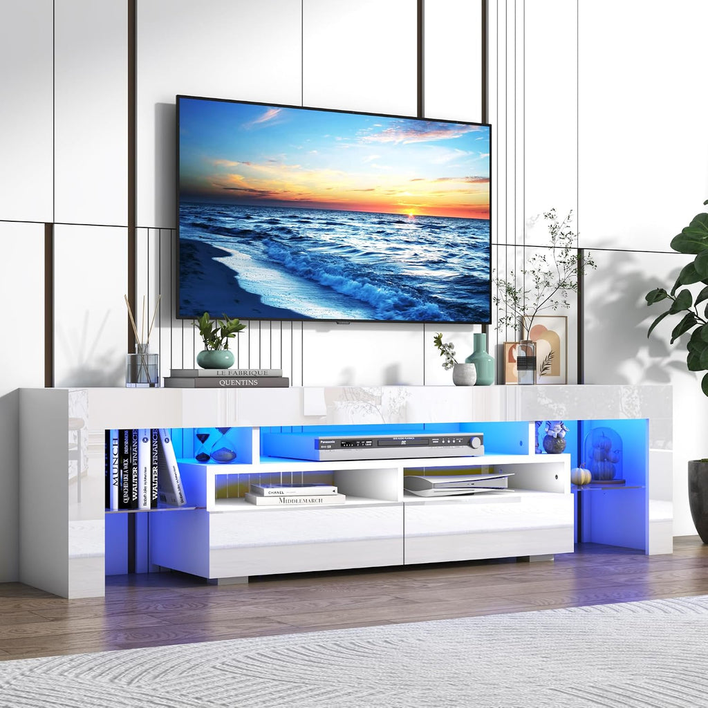 Vinctik 6&Fox LED TV White Stand for 55/60/65inch TV,Modern Entertainment Center with 2 Storage Drawers and LED Light, High Glossy TV Console,TV Table Media Furniture (63inch, White 1)