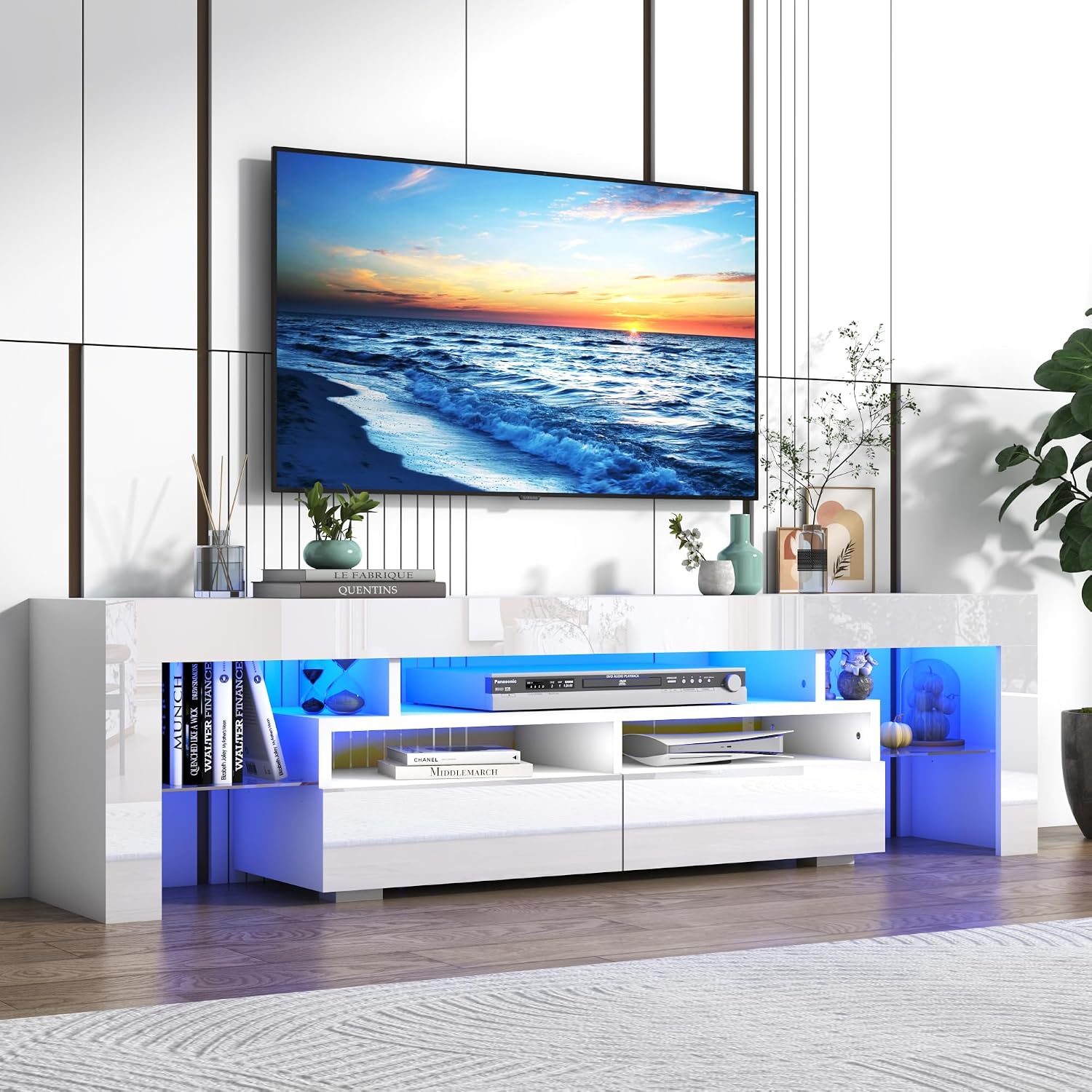 Vinctik 6&Fox LED TV White Stand for 55/60/65inch TV,Modern Entertainment Center with 2 Storage Drawers and LED Light, High Glossy TV Console,TV Table Media Furniture (63inch, White 1)