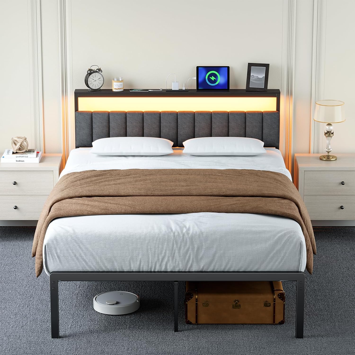 Full Bed Frame with Headboard, Sturdy Metal Bed Frame with Led Light&Charging Station, Bed Frame Full Size Noise-Free/AssemblyEasily, Double Bed Frame for Individual, Black Full Size Bed Frame