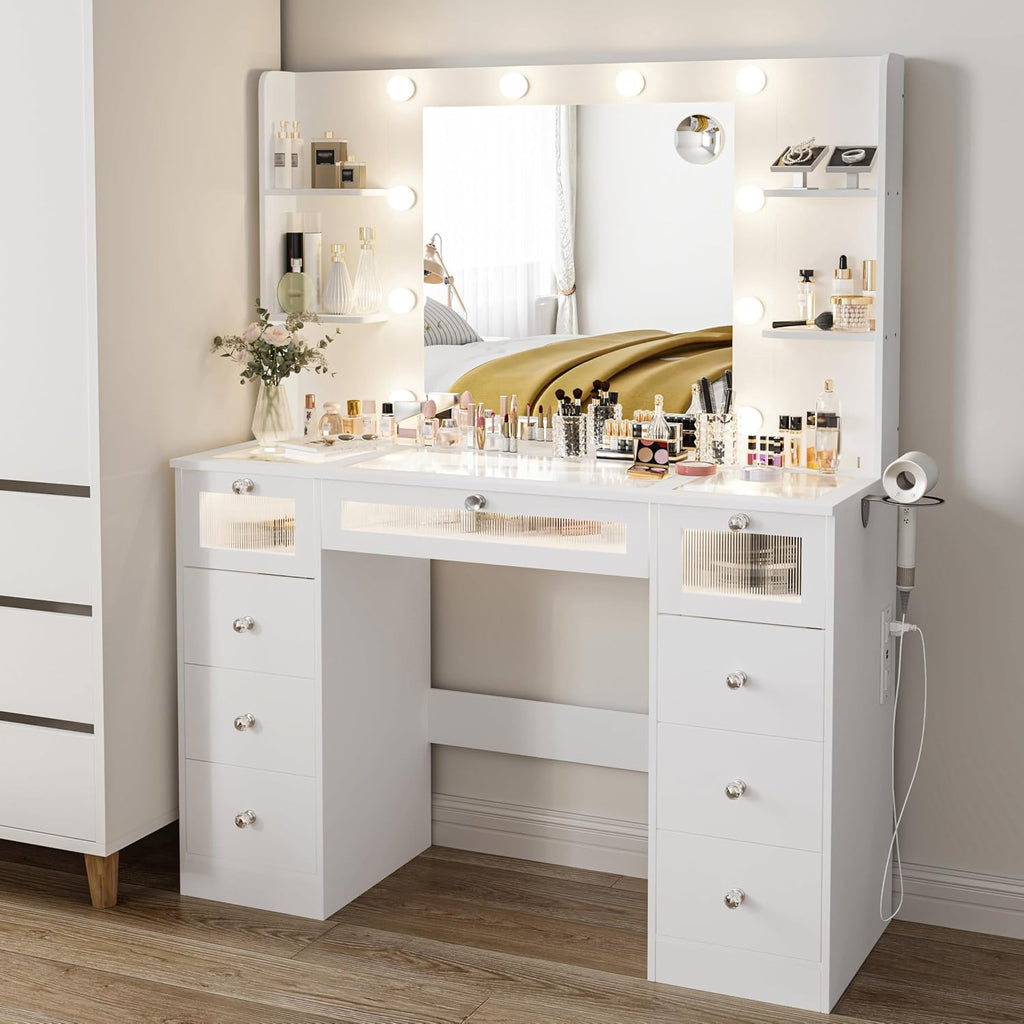 White Vanity with Lighted 23.5' Mirror, Glass Top Vanity Desk with 9 Drawers & 3 Color Hollywood Bulbs & 4 Shelves & Acrylic & Power Outlet, Makeup Desk Dressing Table for Bedroom