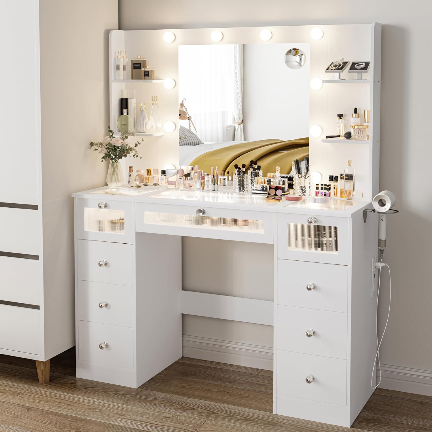 White Vanity with Lighted 23.5' Mirror, Glass Top Vanity Desk with 9 Drawers & 3 Color Hollywood Bulbs & 4 Shelves & Acrylic & Power Outlet, Makeup Desk Dressing Table for Bedroom