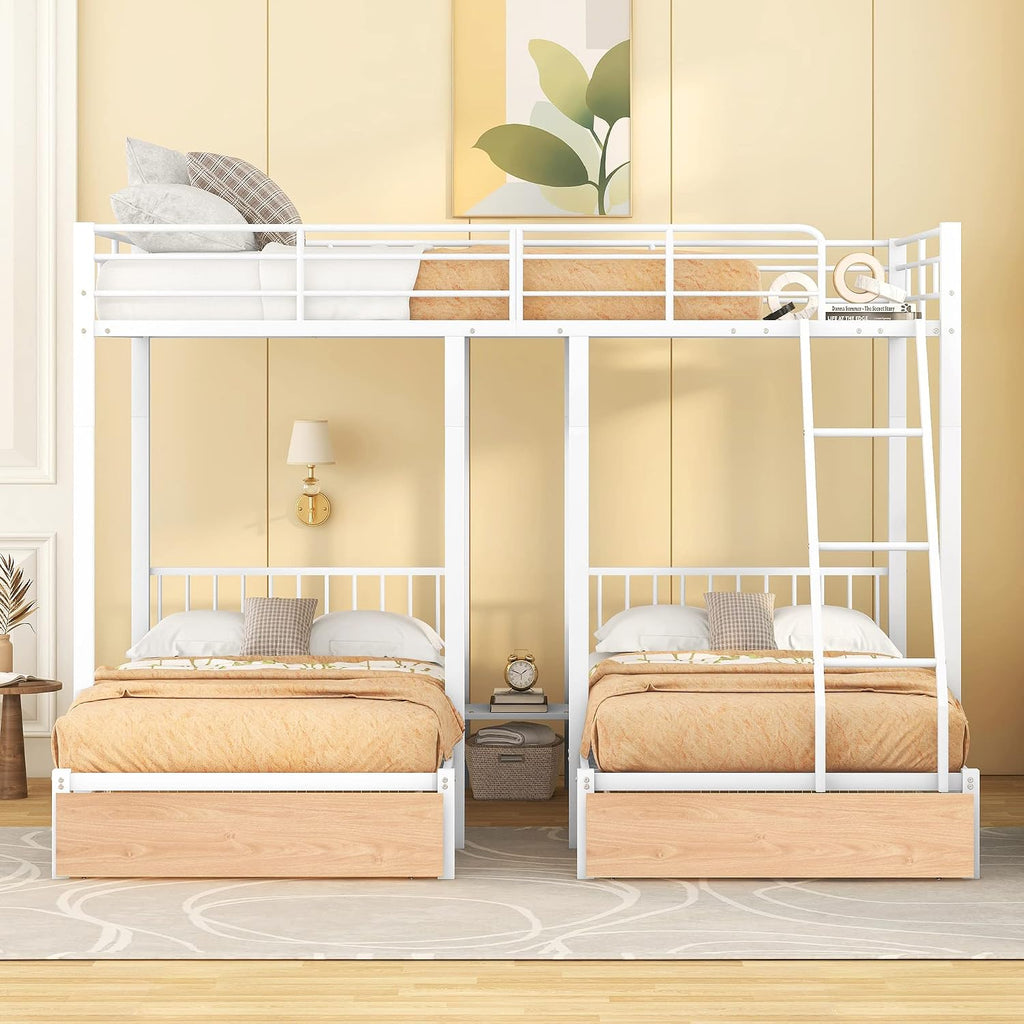 DEINPPA Triple Bunk Bed with Drawers, Can Be Separated into 3 Beds, Full Over Twin & Twin Bunk Bed,Metal Bed for Adult Kids Student Dormitory Bedroom Furniture Set, White