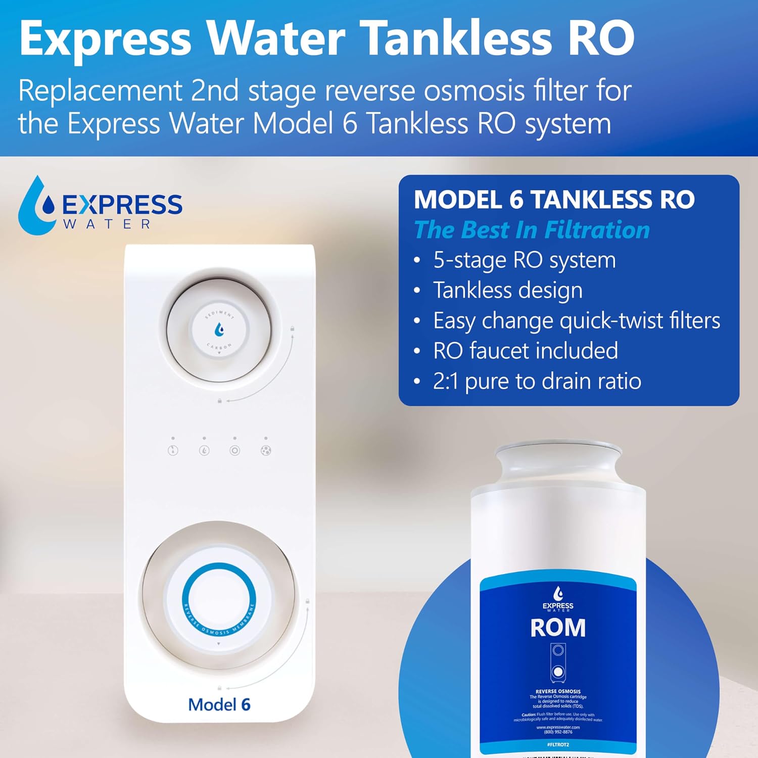 Express Water 2nd Stage Replacement RO Membrane for Model 6 Tankless Reverse Osmosis System ROT600MBN