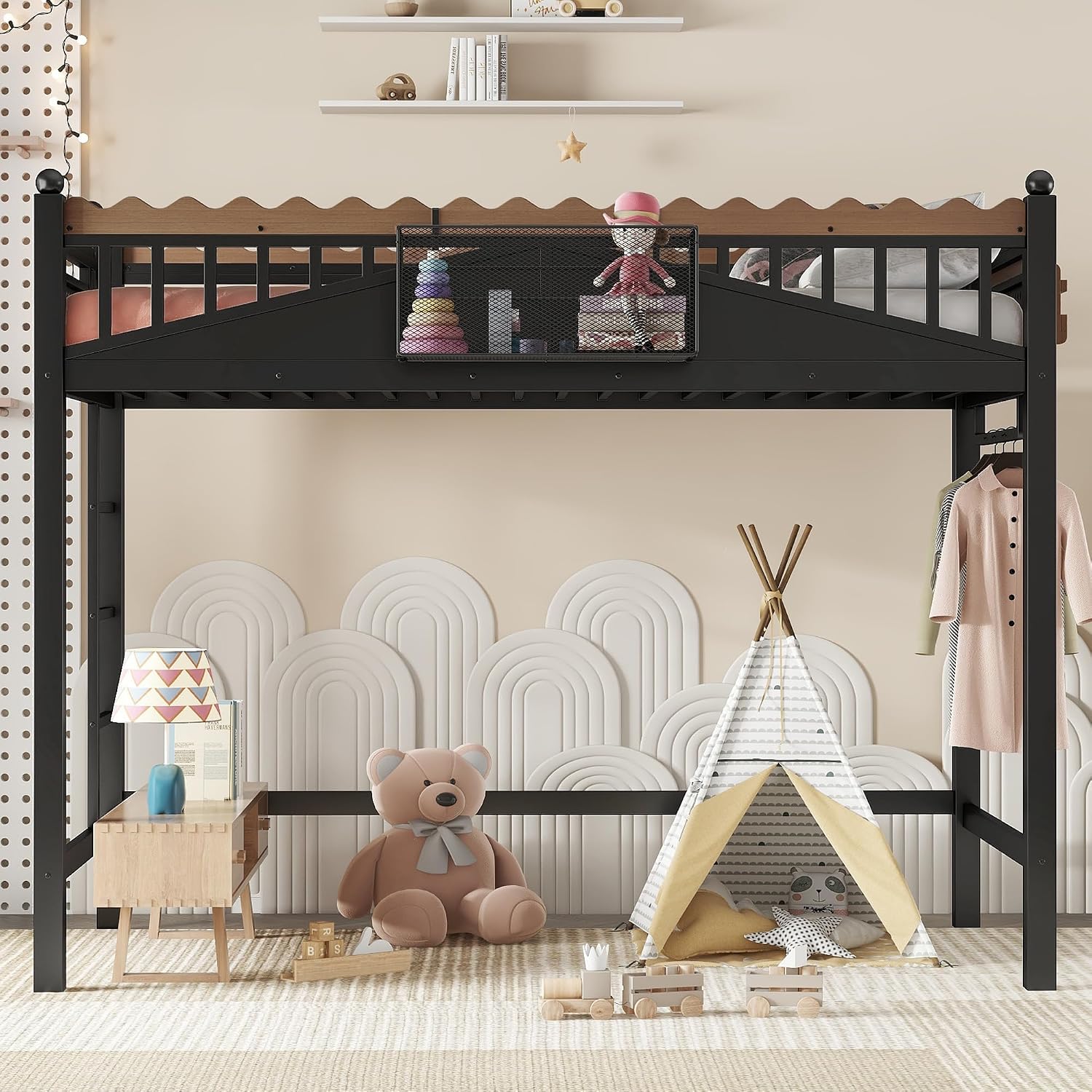 JIVOIT Metal Loft Bed with Built-in Storage Shelves and Bookshelf, Twin XL Size Metal Loft Bed with Safe Ladder & Guardrail, Space-Saving Loft Bed, No Box Spring Needed and Chic Design