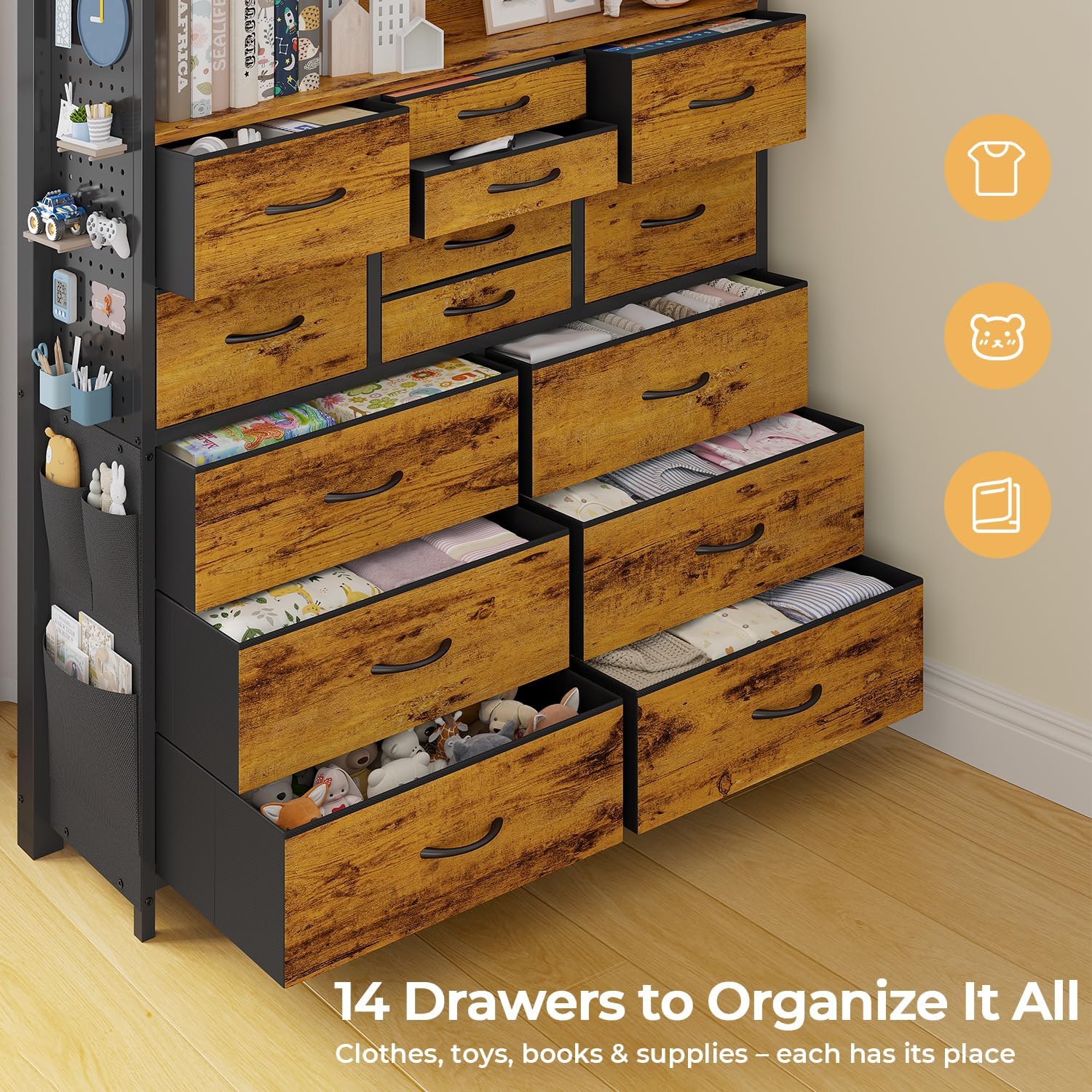 ADORNEVE Twin Loft Bed with Desk,14 Storage Drawers & Power Outlet, Kids Loft Bed Twin Size with LED Lights, Metal Loft Beds with Safety Guardrail & Ladder, Space Saving for Teens, Rustic Brown