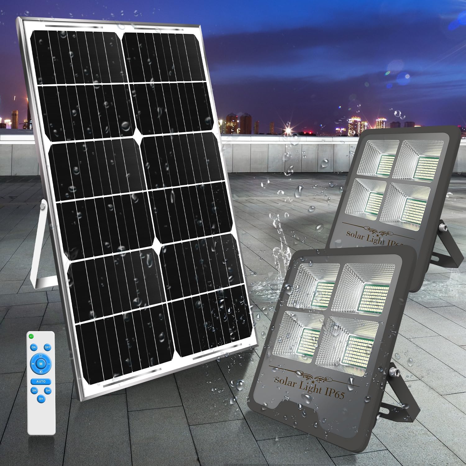 Gebosun 2 Pack 300W Solar Flood Light Outdoor, 30000LM LED Solar Security Light, IP65 Waterproof Dusk to Dawn Solar Light with Remote Control, Bright Solar Yard Light for Garage Garden Farm