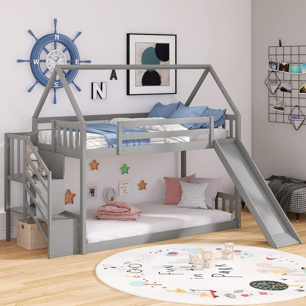 Twin Over Twin Bunk Bed with Slide for Kids Toddlers, House Bunk Bed Farm with Storage Steps and Roof Guardrail for Girls/Boys, No Spring Box Required (Gray-Storage Steps#2)