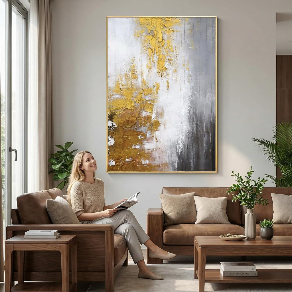 Large 3D Textured Abstract Framed Wall Art for Living Room- Hand Painted Gold and White Abstract Oil Painting for Office-Large Modern Wall Decor for Corridor Stairwell Ready to Hang 32X48inches