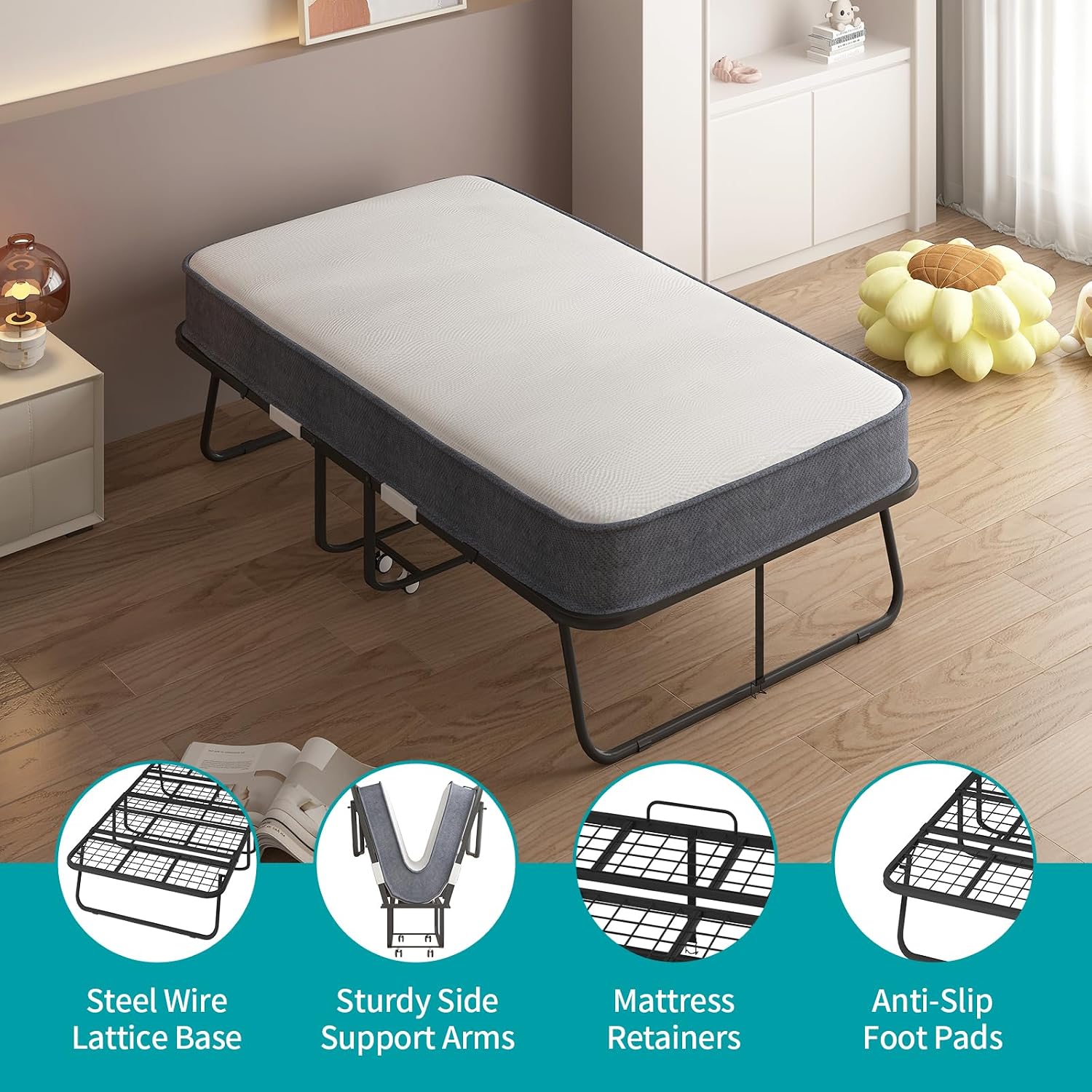 BALUS Folding Bed with Mattress for Adults, 75 ''L X 38''W Rollaway Bed with 5'' Memory Foam Mattress, Fold Out Guest Beds with Wheels, Metal Frame Portable Twin Bed for Space Saving(Standard)