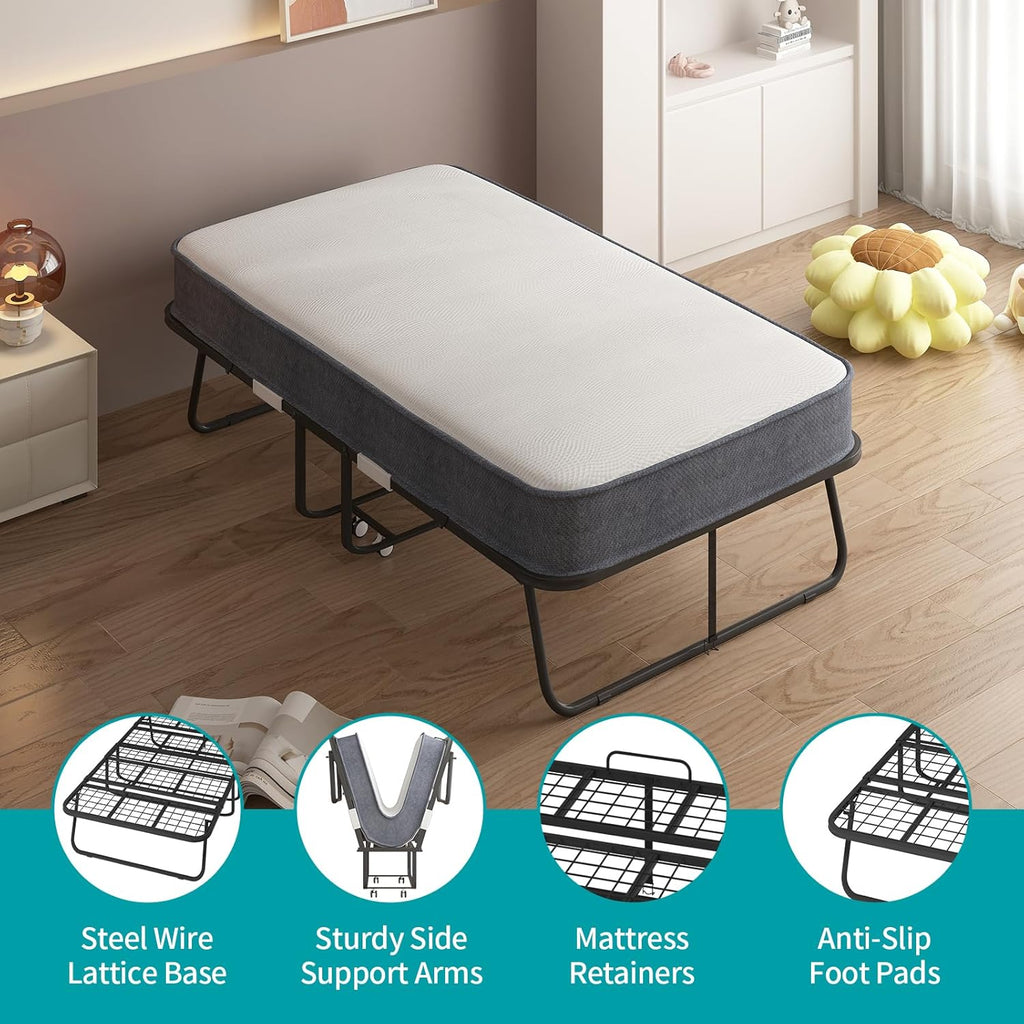 BALUS Folding Bed with Mattress, 75'x51' Rollaway Bed with Locking Casters and 5' Rebound Mattress, Metal Folding Frame for Storage, Foldable Single Bed for Bedroom/Guest Room(Standard)