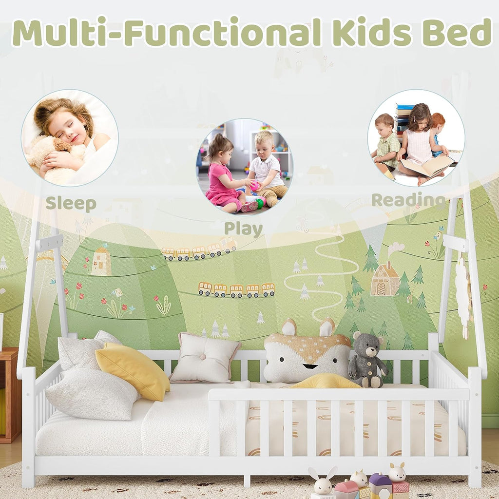 Full Montessori Kids Floor Bed with Rails and LED Light, Low Full Beds Frame with Fence and Removable Roof, Wood Montessori Floor Bed Frame for Kids, Girls, Boys, White