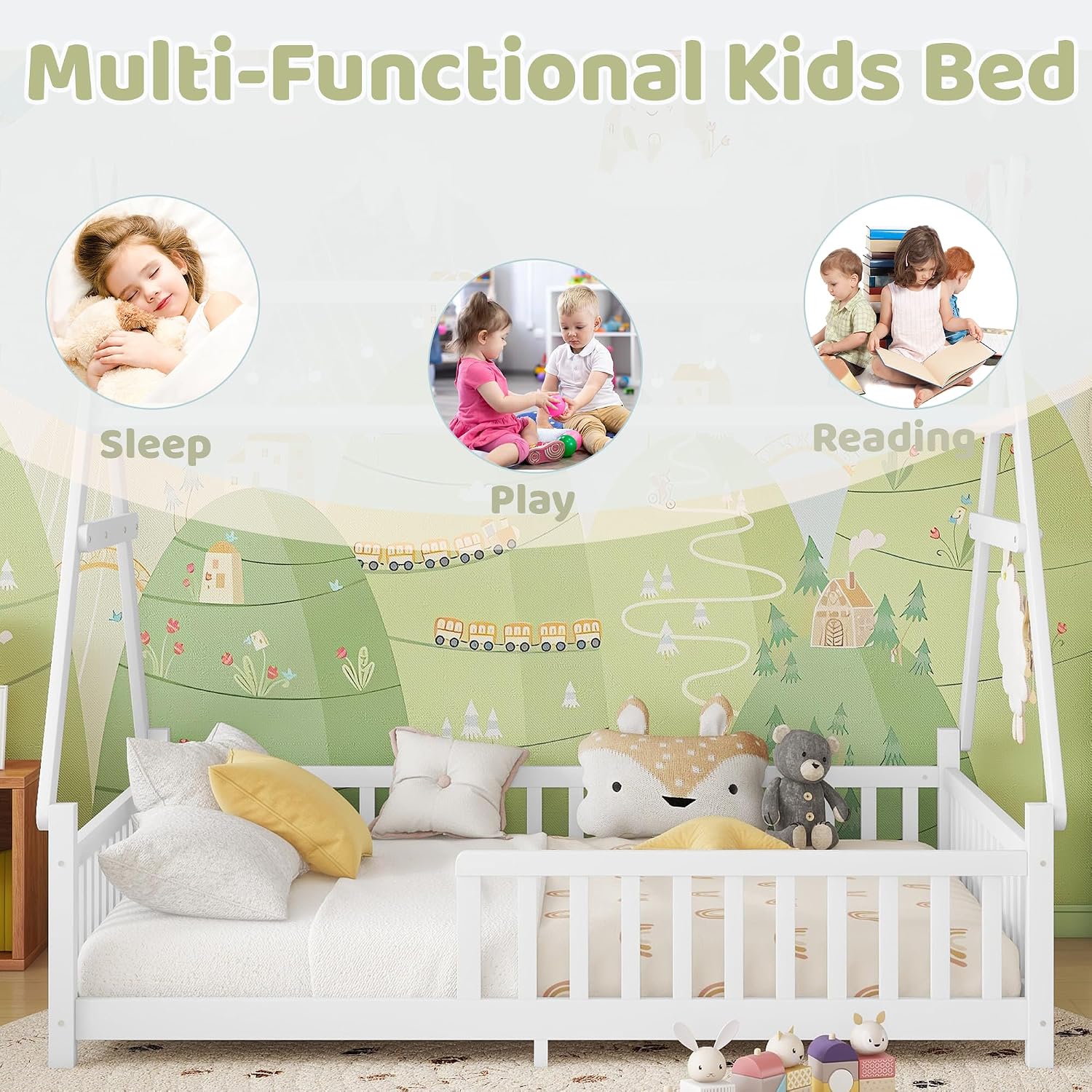 Full Montessori Kids Floor Bed with Rails and LED Light, Low Full Beds Frame with Fence and Removable Roof, Wood Montessori Floor Bed Frame for Kids, Girls, Boys, White