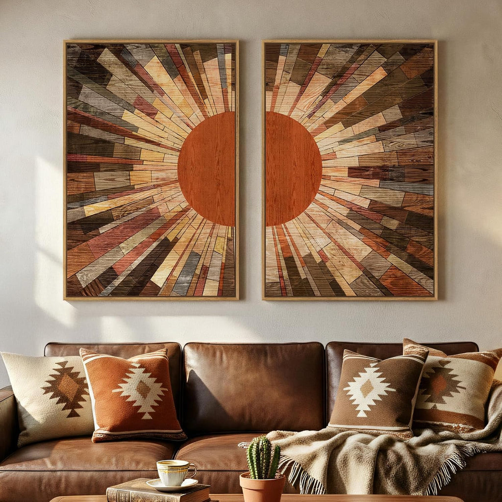 Large Framed Boho Mid Century Modern Wall Art for Living Room, Set of 2 Abstract Sun Earth Tone Canvas Artwork for Walls, Vintage Paintings Prints Pictures Wall Decor for Bedroom Home Office, 24x36 In
