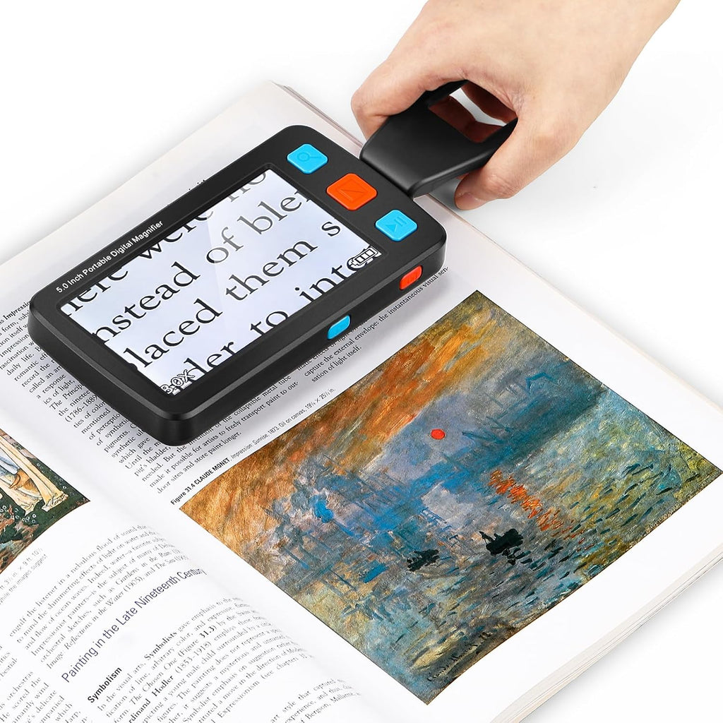 5.0 Inch Portable Digital Magnifier, 4X-32X Zoom Electronic Reading Aid with Foldable Handle for Low Vision/Seniors/Kids, Ideal for Quick Reading – Not Recommended for Long Books or Novels
