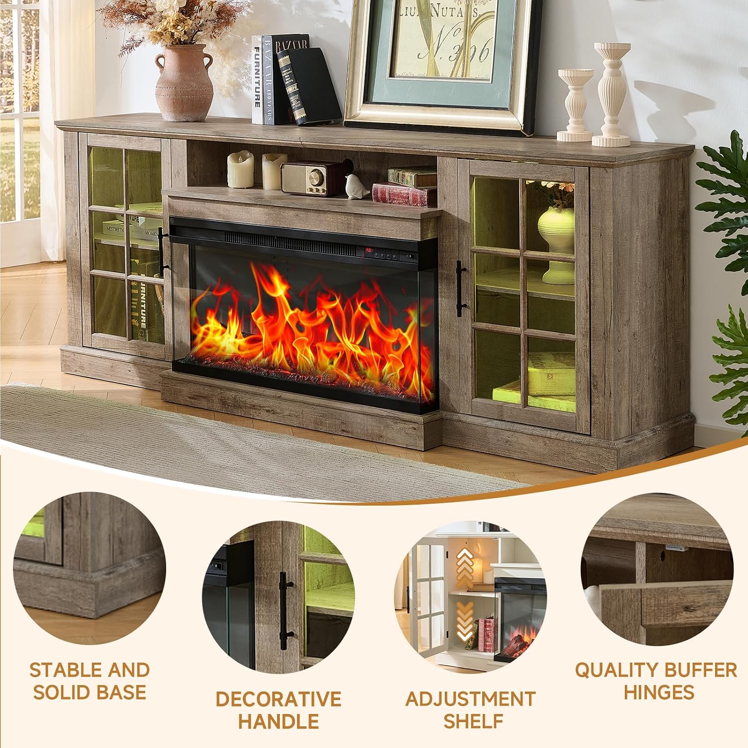 ROCKPOINT 3 Sided Glass 80' Fireplace TV Stand for TVs up to 90inch, Media Entertainment Center with Glass Door Storage Cabinet,36' Electric Fireplace with LED Light and Flame Colors,Grey