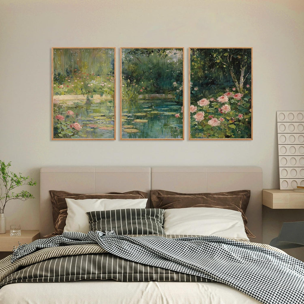 FWIEXA Monet Floral Framed Canvas Wall Art Set, Impressionist Botanical Garden Wall Decor, Vintage Ponds Tree Plant Artwork, Nature Landscape Prints for Living Room, Bedroom - Size 24'x36'x3