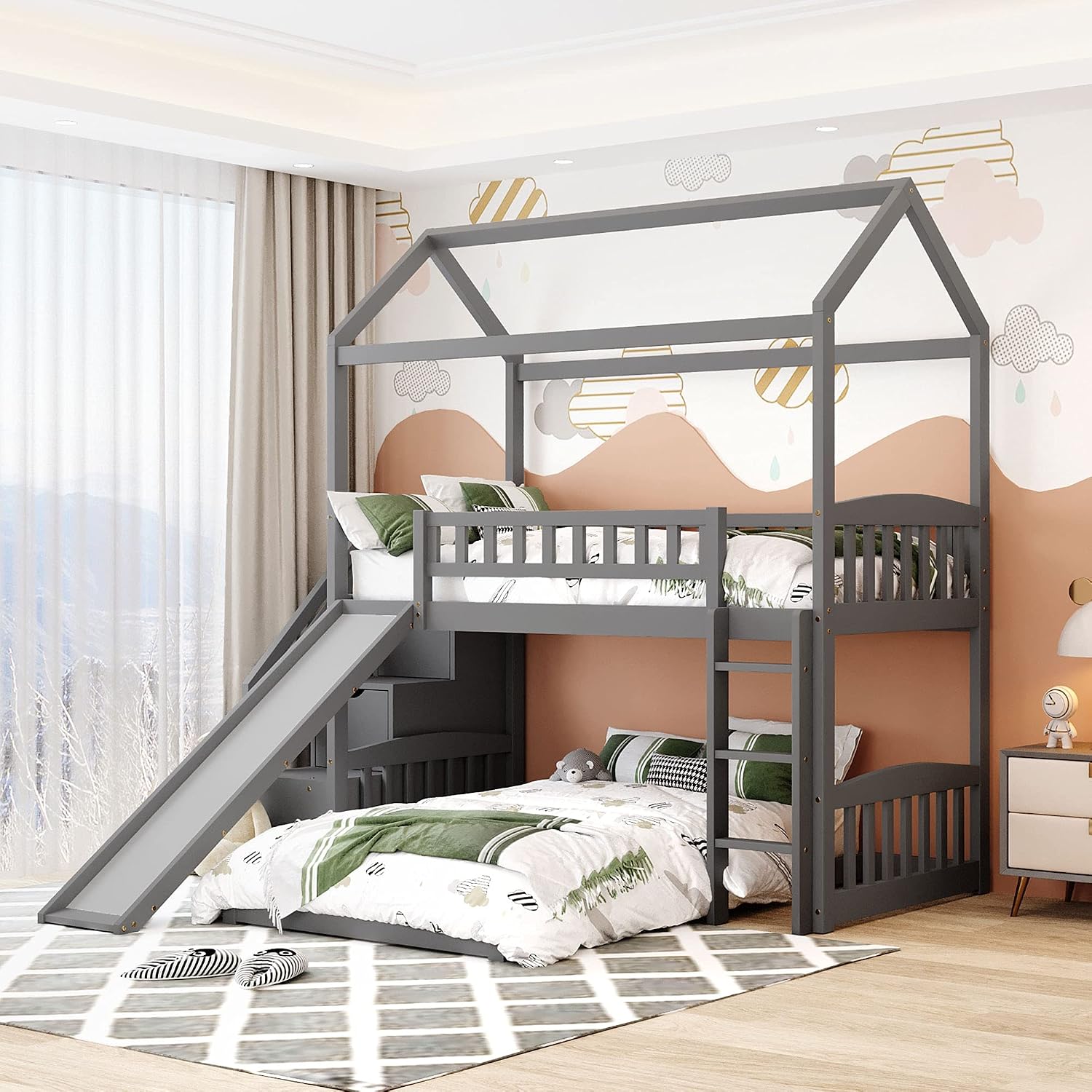 Twin Over Twin Bunk Bed for Kids Toddlers, House Bunk Bed Farm with Storage Steps and Slide Ladder Roof Guardrail for Girls/Boys, No Spring Box Required (Gray-Wood)