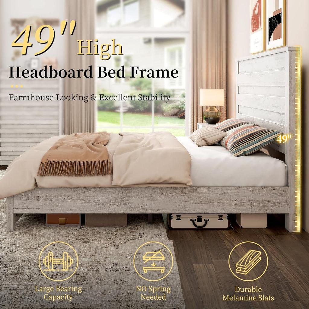 LUXOAK Farmhouse Full Bed Frame with 49' Tall Headboard, Wooden Platform Bed with Hidden Metal Bed Frame, No Box Spring Needed/Noise Free, Distressed White