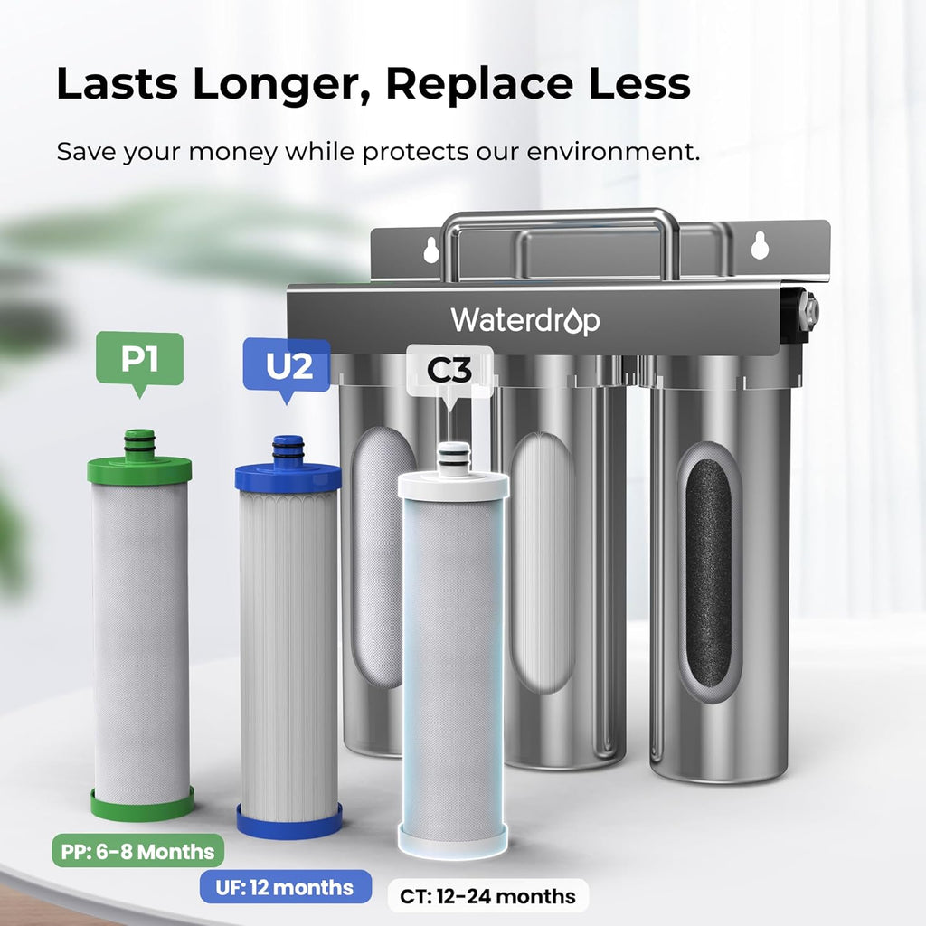 Waterdrop TST-B 0.01 Micron Ultra Filtration Under Sink Water Filter, 3-Stage Stainless Steel Under Sink Water Filtration System with Dedicated Faucet, Removes Chlorine, Taste&Odor (Drilling Required)