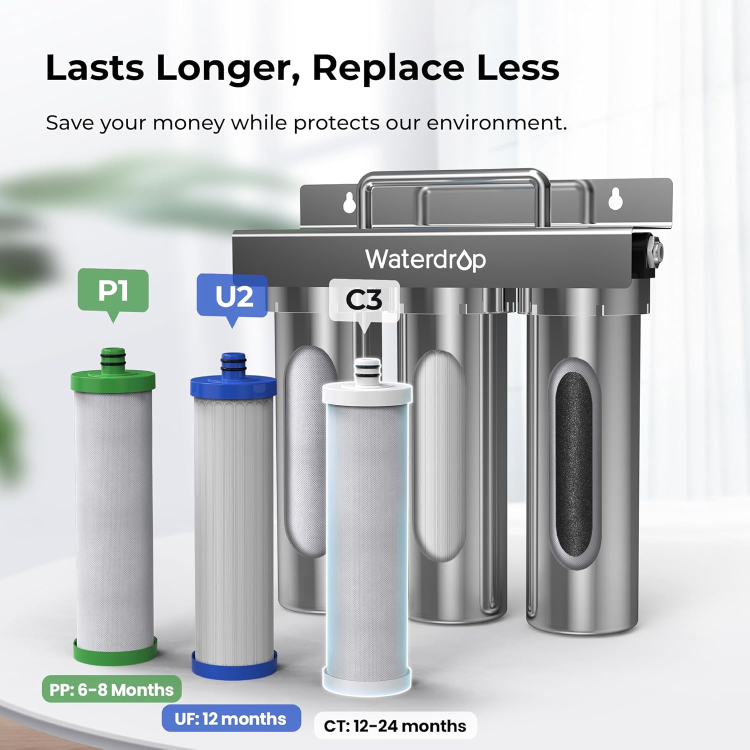 Waterdrop TST-B 0.01 Micron Ultra Filtration Under Sink Water Filter, 3-Stage Stainless Steel Under Sink Water Filtration System with Dedicated Faucet, Removes Chlorine, Taste&Odor (Drilling Required)