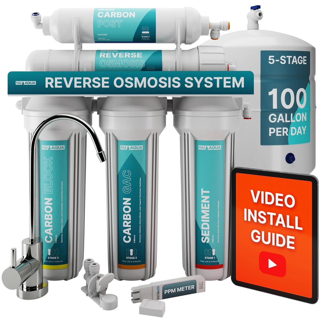 NU Aqua 5-Stage Under Sink Reverse Osmosis Water Filter System - 100 GPD RO Filtration w/Faucet & Tank - PPM Meter - 100GPD Undersink - Home & Kitchen Drinking Water