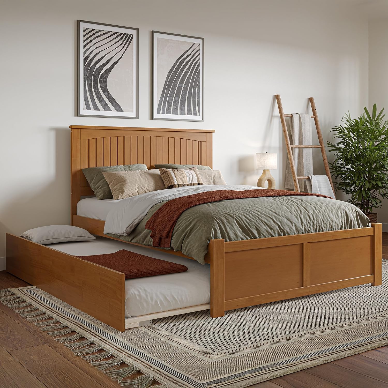 AFI, Nantucket Full Platform Bed with Footboard & Twin Trundle, Light Toffee