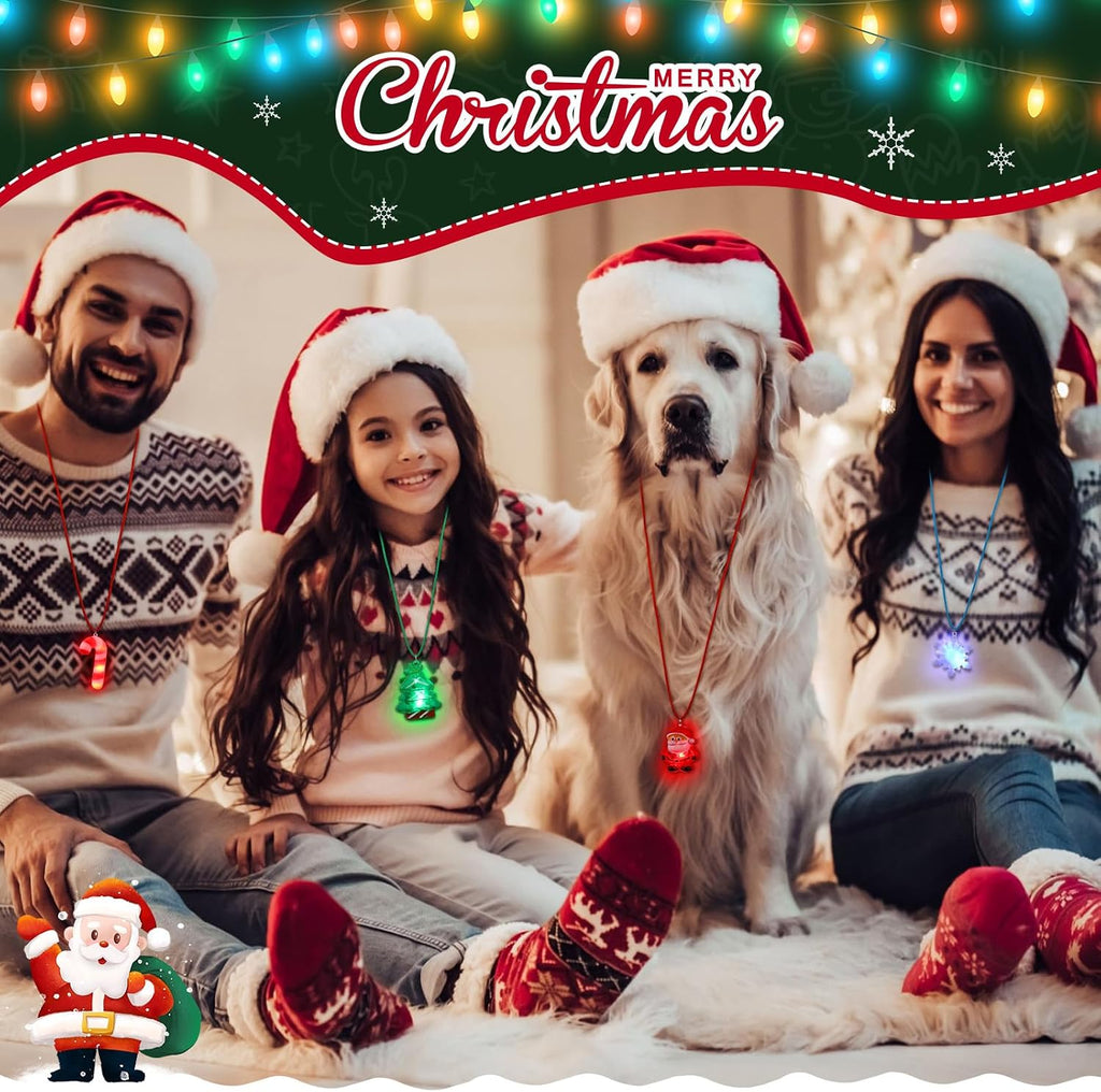 Sumind 200 Pcs Light up Christmas Bulb Necklaces Xmas LED Necklaces Santa Claus Lights Necklace Party Favors Christmas Tree Snowman Snowflake Candy Decorations