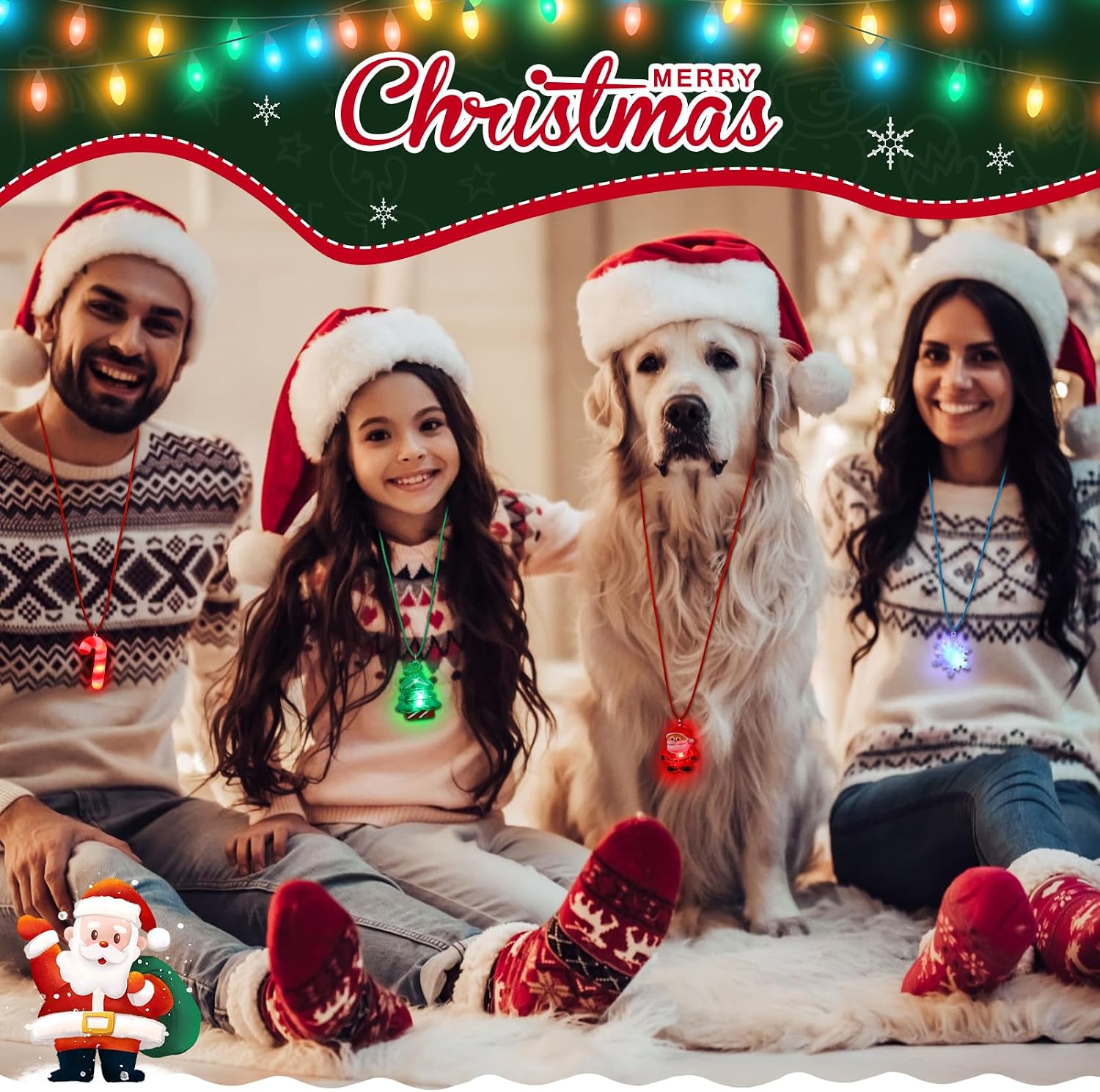 Sumind 200 Pcs Light up Christmas Bulb Necklaces Xmas LED Necklaces Santa Claus Lights Necklace Party Favors Christmas Tree Snowman Snowflake Candy Decorations