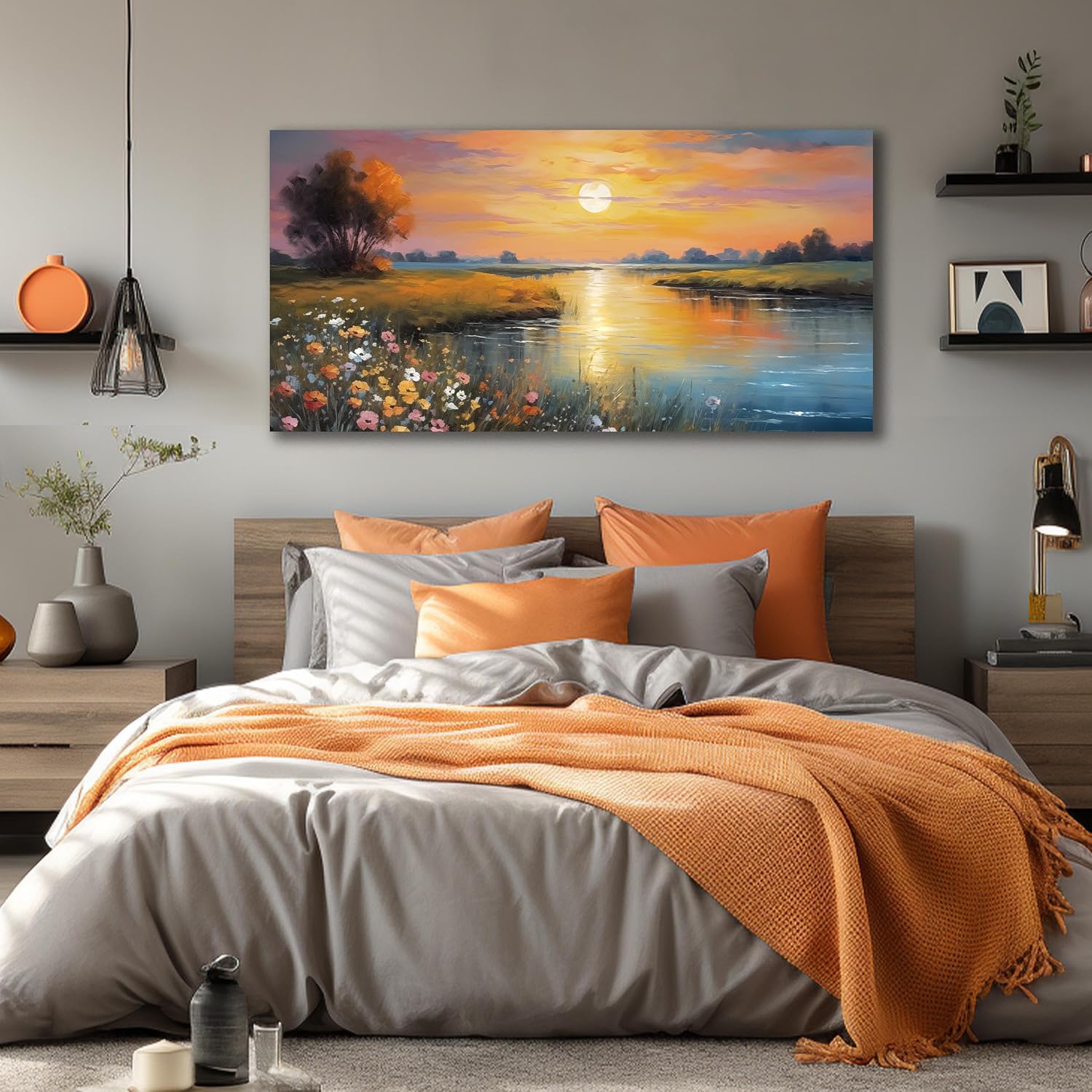 Orange Yellow Sunset Lake Landscape Canvas Wall Art with Colorful Wildflowers & Distant Mountain, Serene Nature Scene Large Picture Print Painting Artwork for Living Room Bedroom Decor 58x29 Inches