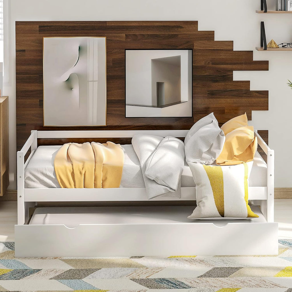 Harper & Bright Designs Convertible Twin Size Daybed with Trundle - Space-Saving Metal Frame Set in Crisp White Finish, Includes Twin Trundle Bed for Guest Room or Dorm