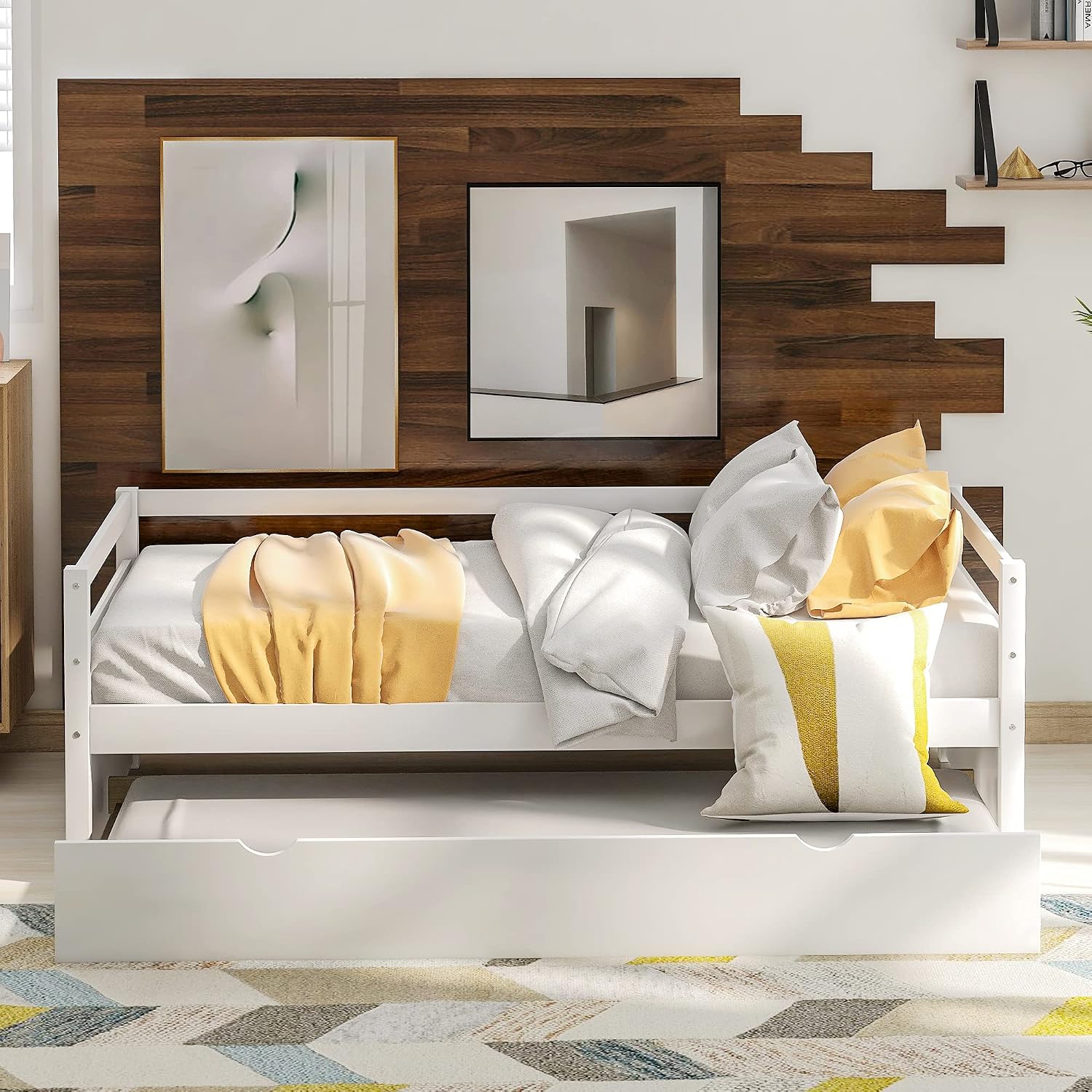 Harper & Bright Designs Convertible Twin Size Daybed with Trundle - Space-Saving Metal Frame Set in Crisp White Finish, Includes Twin Trundle Bed for Guest Room or Dorm