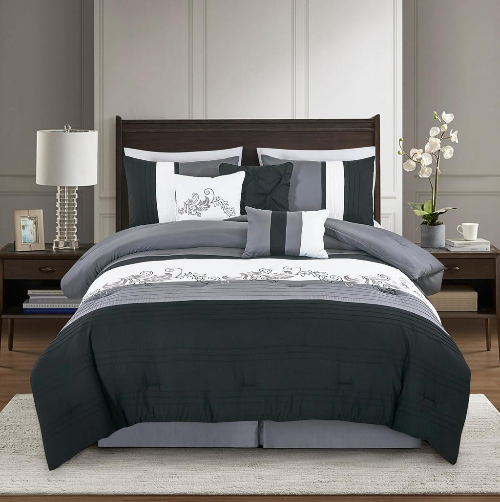 Chezmoi Collection Napa 7-Piece Luxury Leaves Scroll Embroidery Bedding Comforter Set (California King, Black/Gray/White)