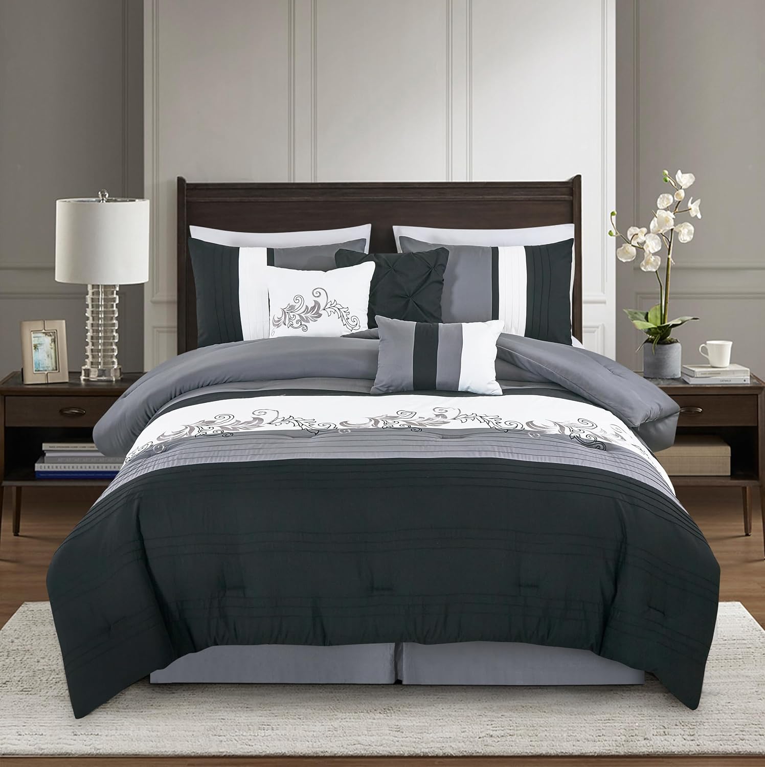 Chezmoi Collection Napa 7-Piece Luxury Leaves Scroll Embroidery Bedding Comforter Set (California King, Black/Gray/White)
