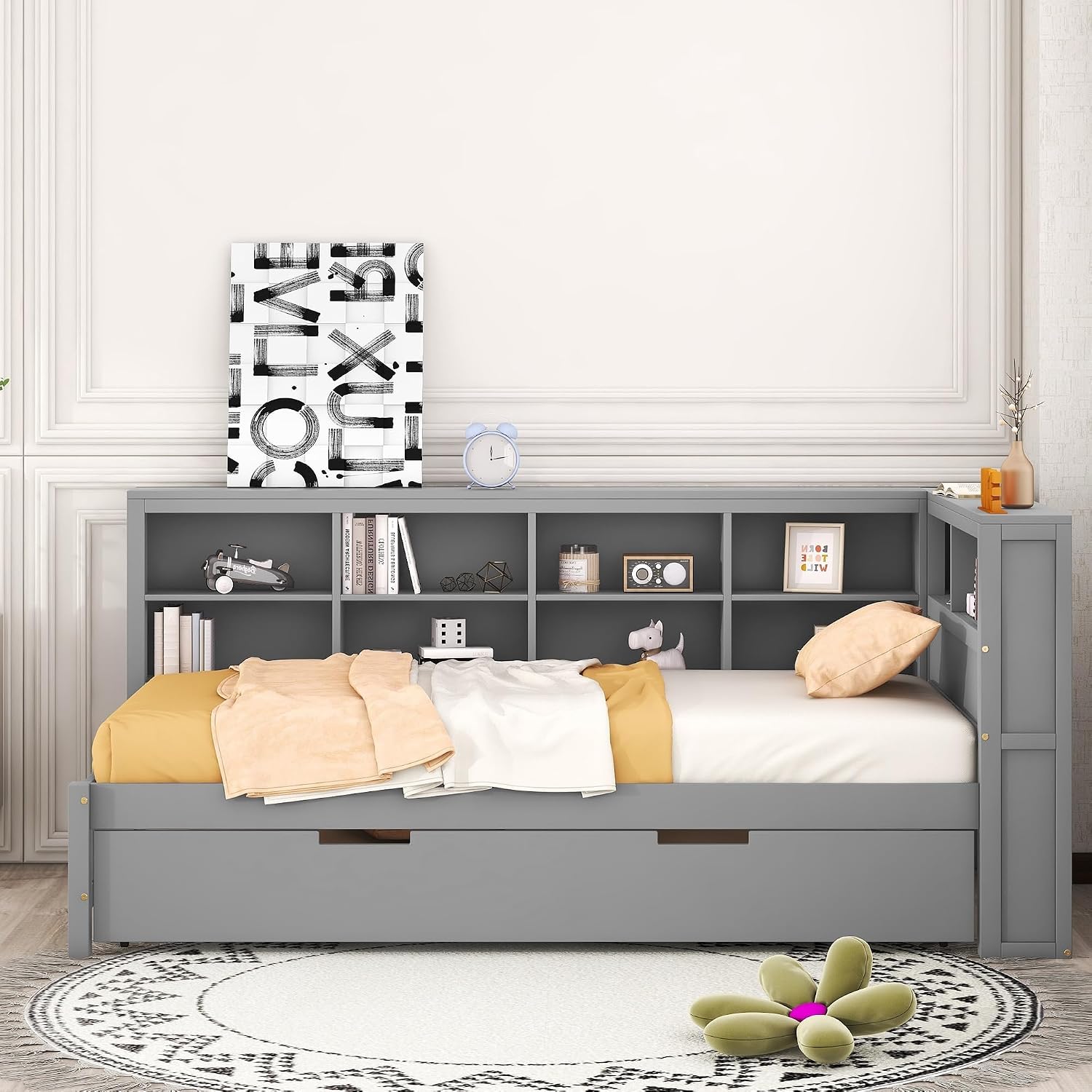Modern Twin Size Daybed with Trundle, Solid Wood Captain Platform Bed with Storage Cabinets and USB Ports, Low Floor Bed for Kids Teens Adult Bedroom, Easy Assembly (Gray-XX115)