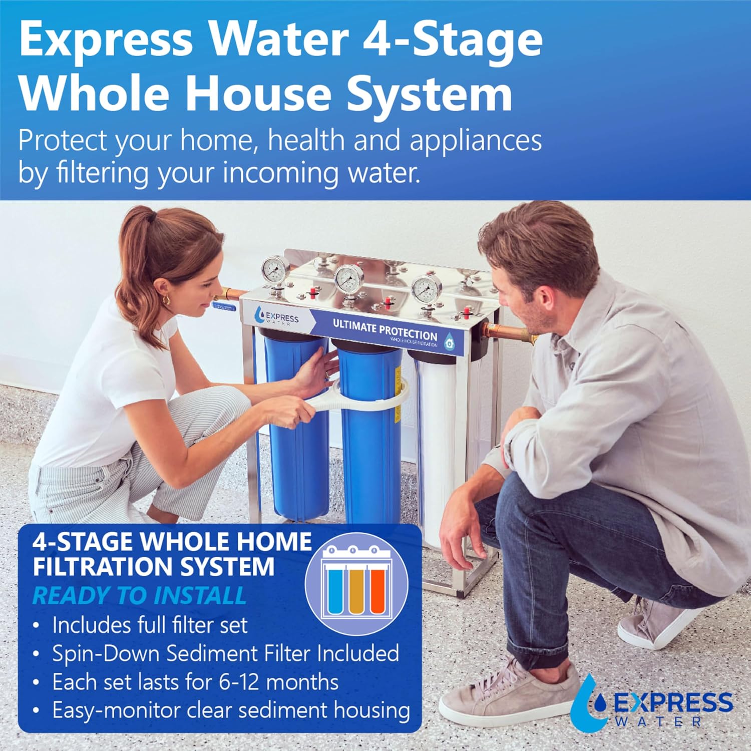 Express Water Whole House Water Filter System | Ultimate Protection | 3 Stage Water Purifier Whole Home, Heavy Metal + Anti-Scale Filters, High Reduction in Scale, Chlorine, PFAs, Lead, Arsenic & more