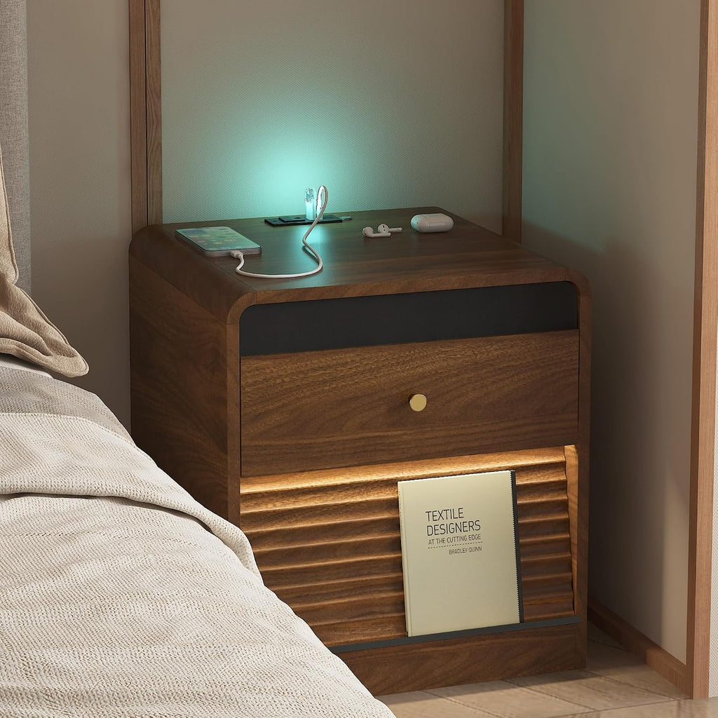 Smart Nightstand with Charging Station – Bedside Table with Voice-Controlled LED Night Light, 1 AC Outlet + 2 USB Ports, Ample Storage Cabinet for Bedroom(Wood)